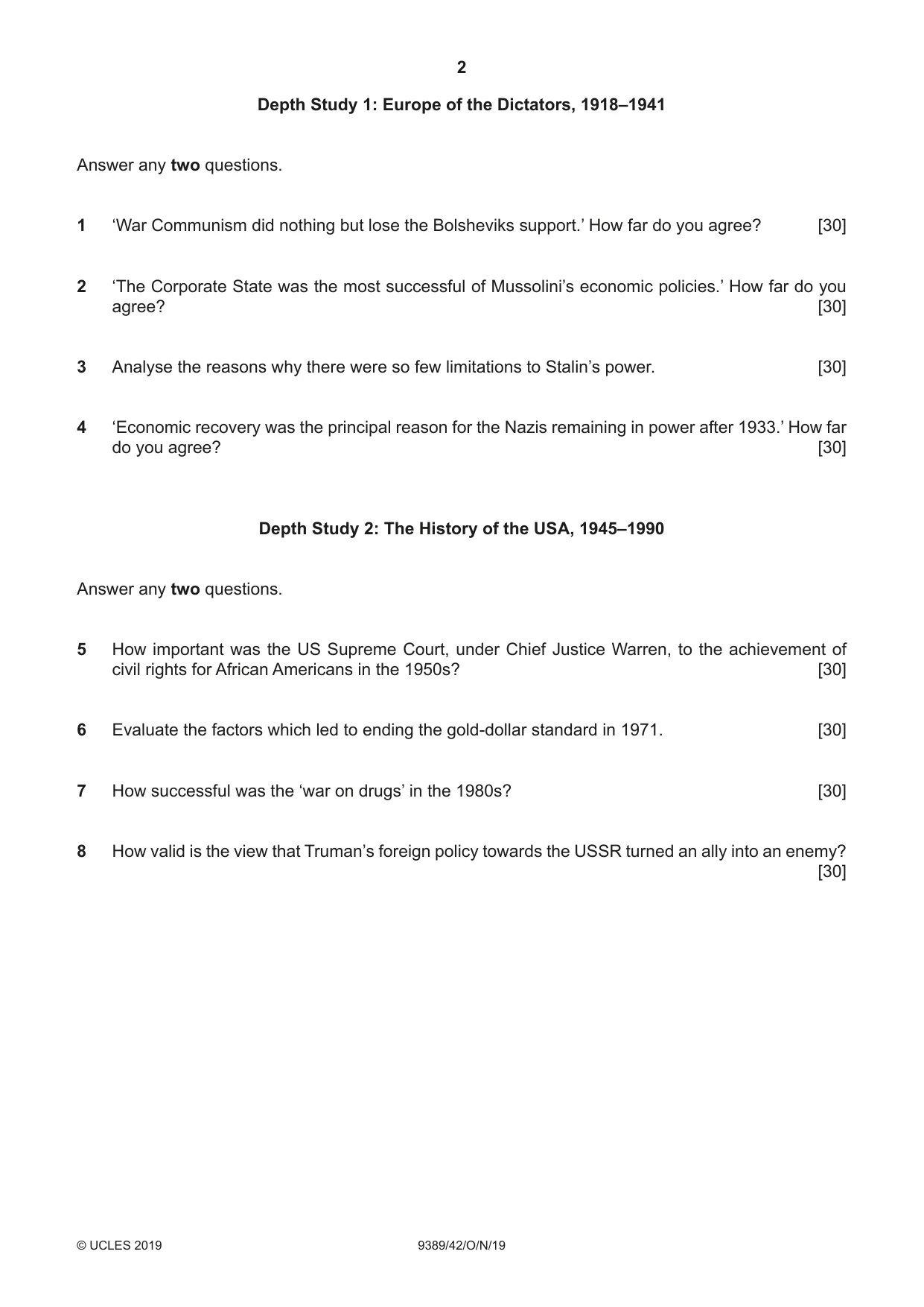 Cambridge A Level History 9389 2019 Oct/Nov Paper 4 · Variant 2 question paper, page 2 of 4