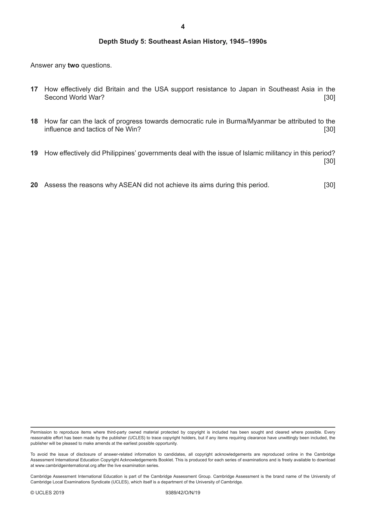 Cambridge A Level History 9389 2019 Oct/Nov Paper 4 · Variant 2 question paper, page 4 of 4