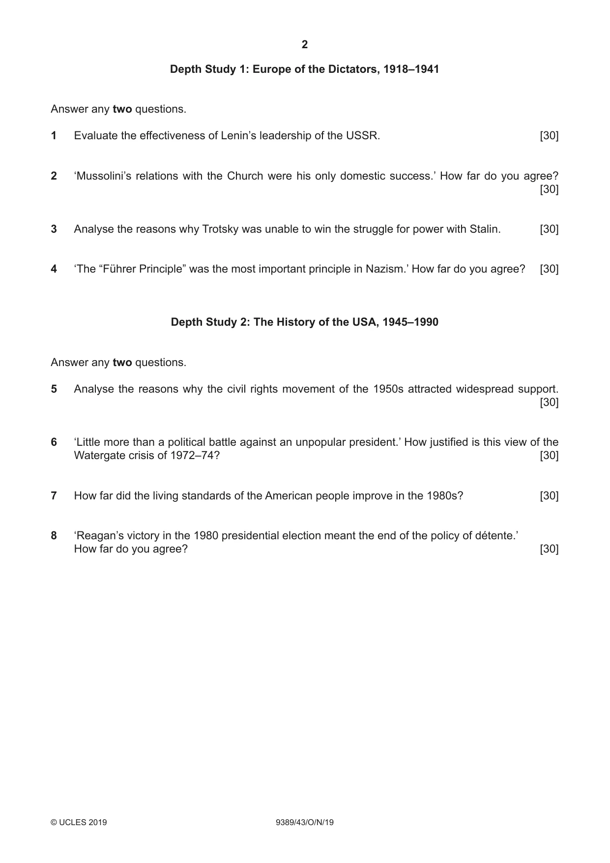 Cambridge A Level History 9389 2019 Oct/Nov Paper 4 · Variant 3 question paper, page 2 of 4
