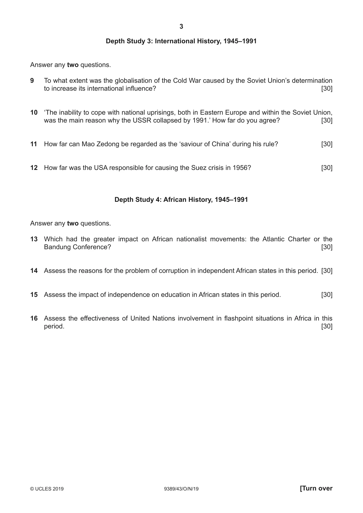 Cambridge A Level History 9389 2019 Oct/Nov Paper 4 · Variant 3 question paper, page 3 of 4