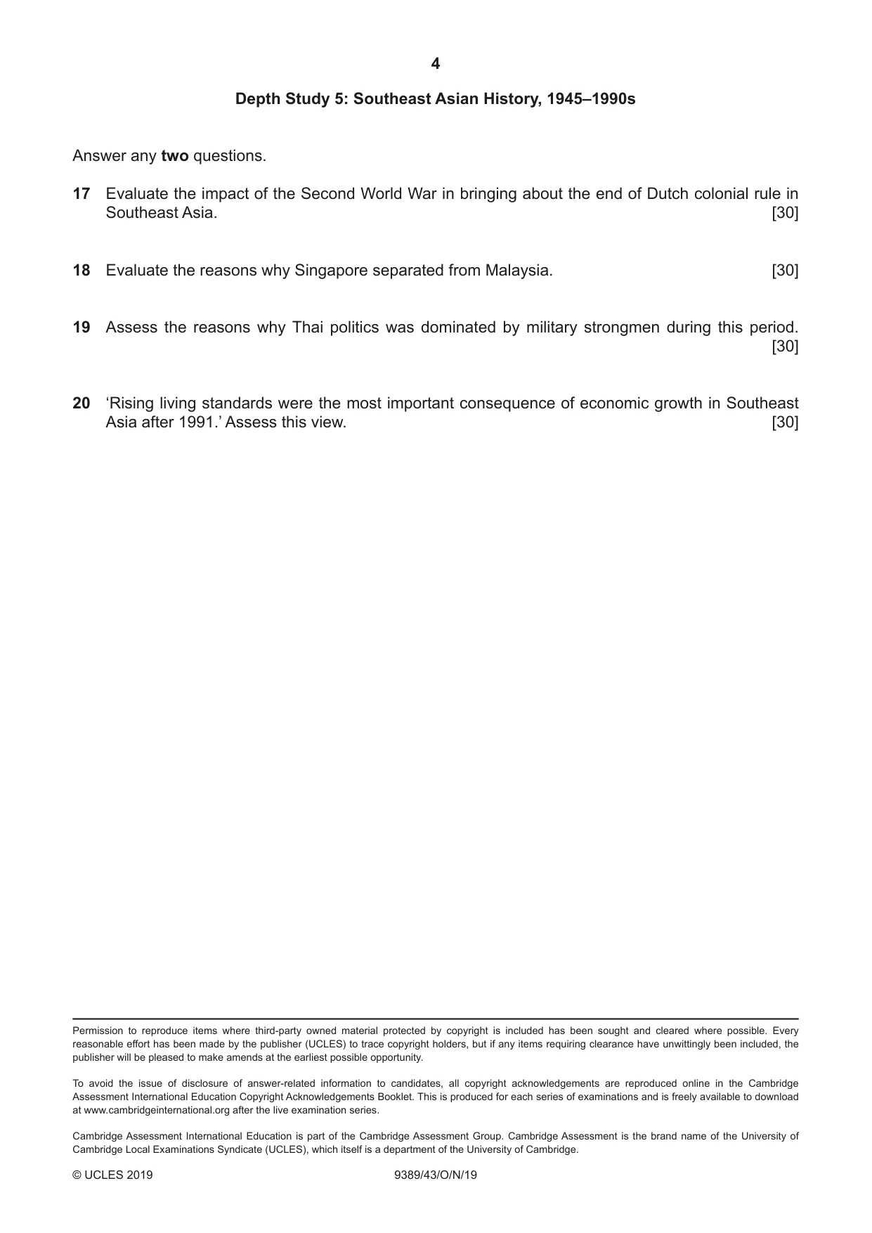 Cambridge A Level History 9389 2019 Oct/Nov Paper 4 · Variant 3 question paper, page 4 of 4