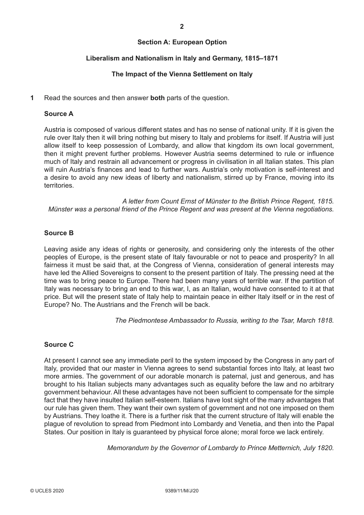 Cambridge A Level History 9389 2020 May/June Paper 1 · Variant 1 question paper, page 2 of 8