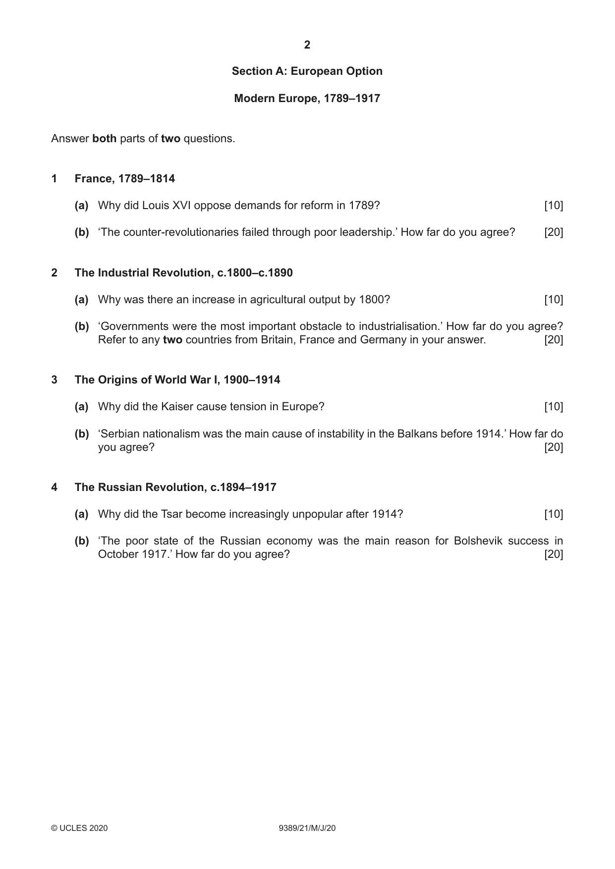 Cambridge A Level History 9389 2020 May/June Paper 2 · Variant 1 question paper, page 2 of 4