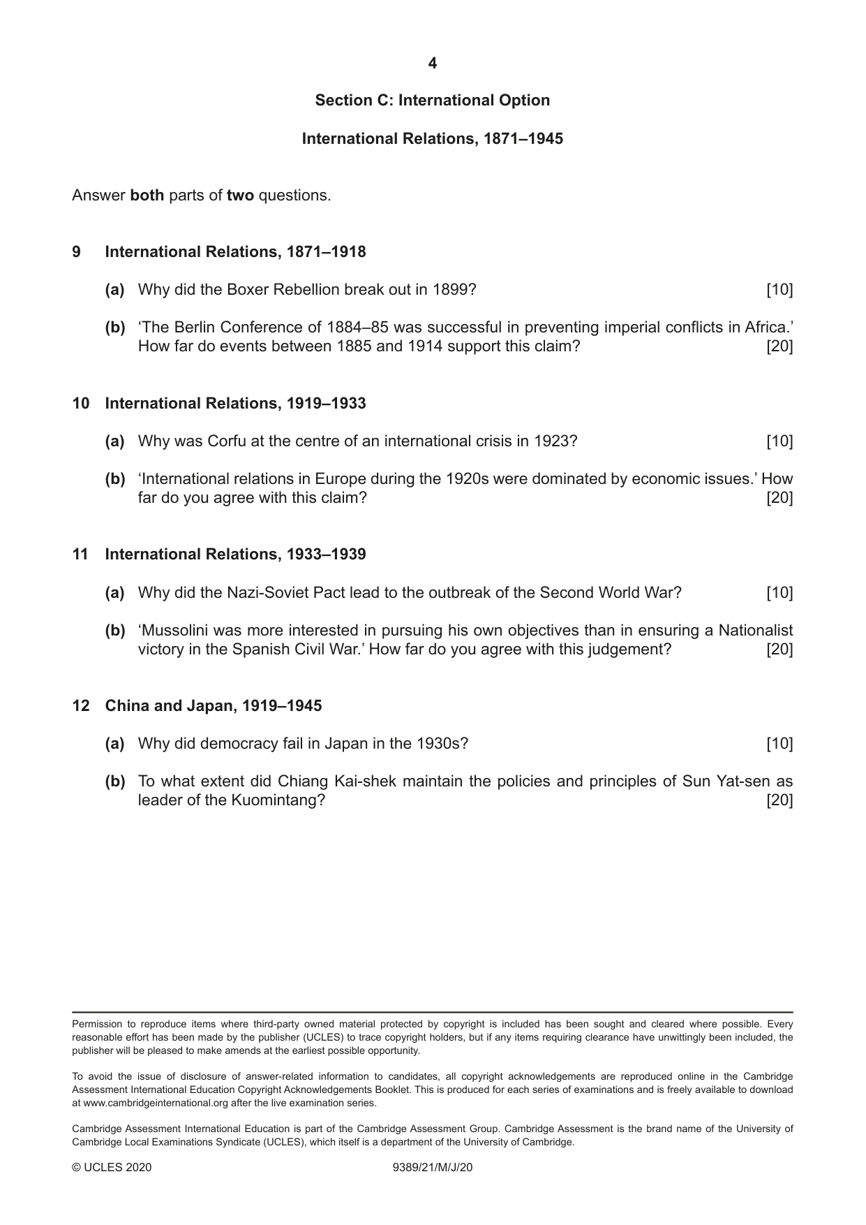 Cambridge A Level History 9389 2020 May/June Paper 2 · Variant 1 question paper, page 4 of 4