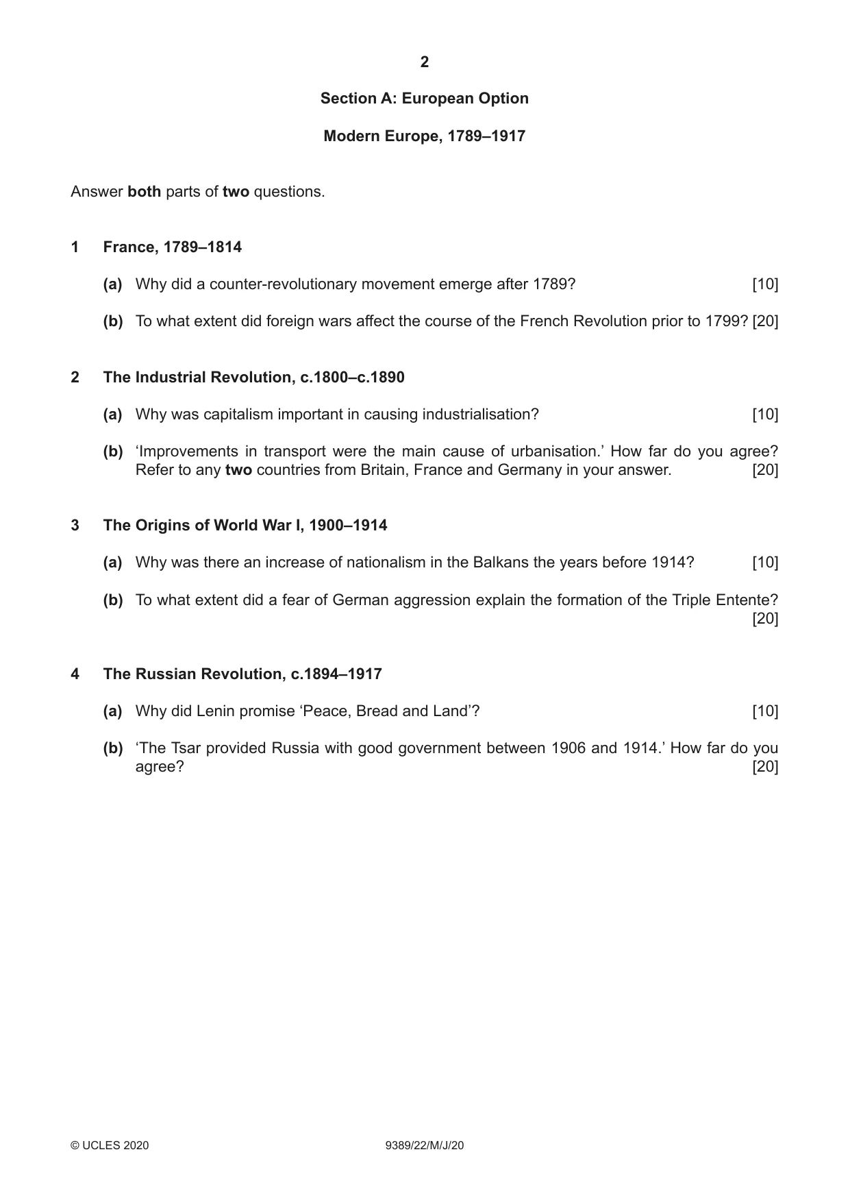 Cambridge A Level History 9389 2020 May/June Paper 2 · Variant 2 question paper, page 2 of 4