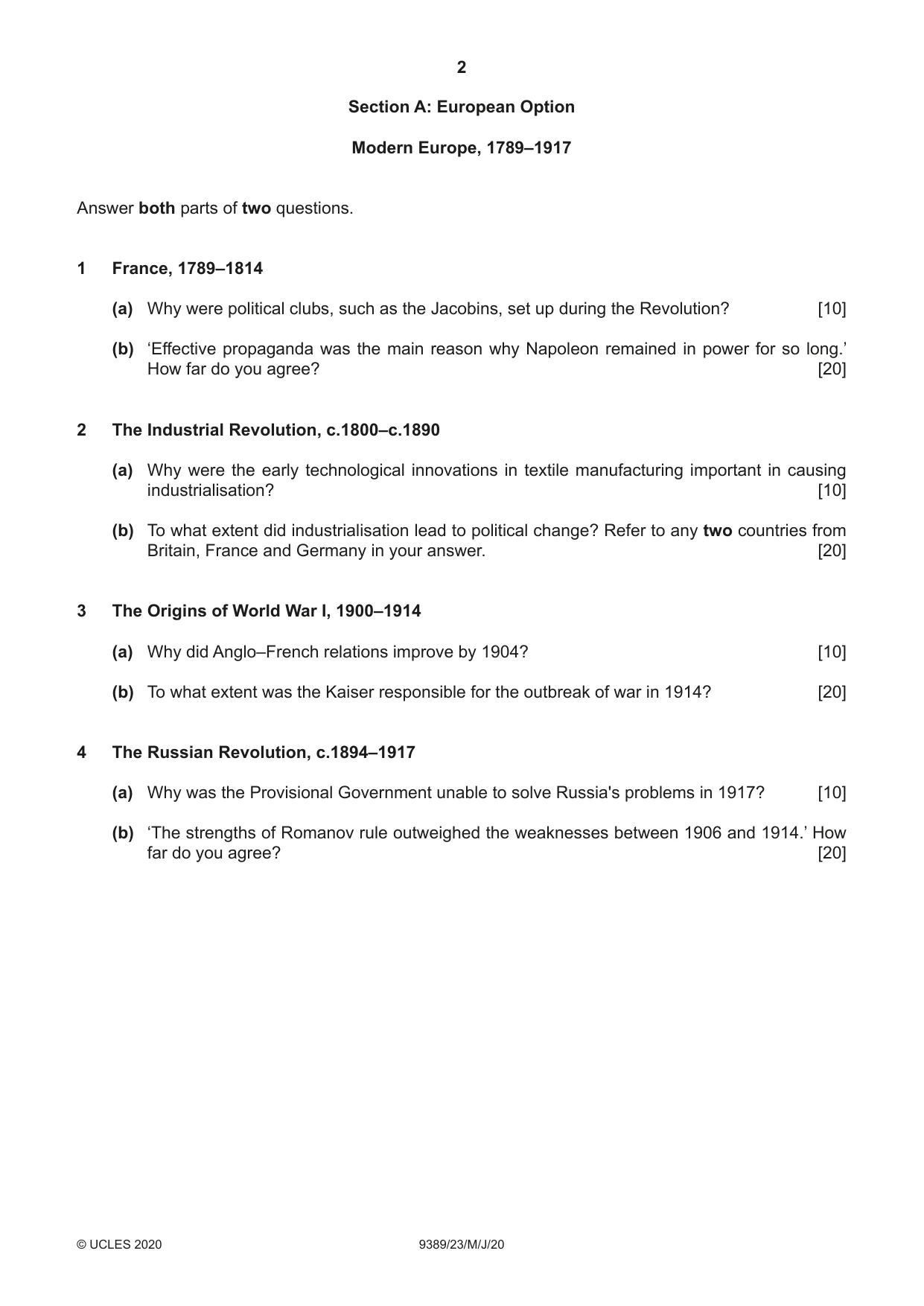 Cambridge A Level History 9389 2020 May/June Paper 2 · Variant 3 question paper, page 2 of 4