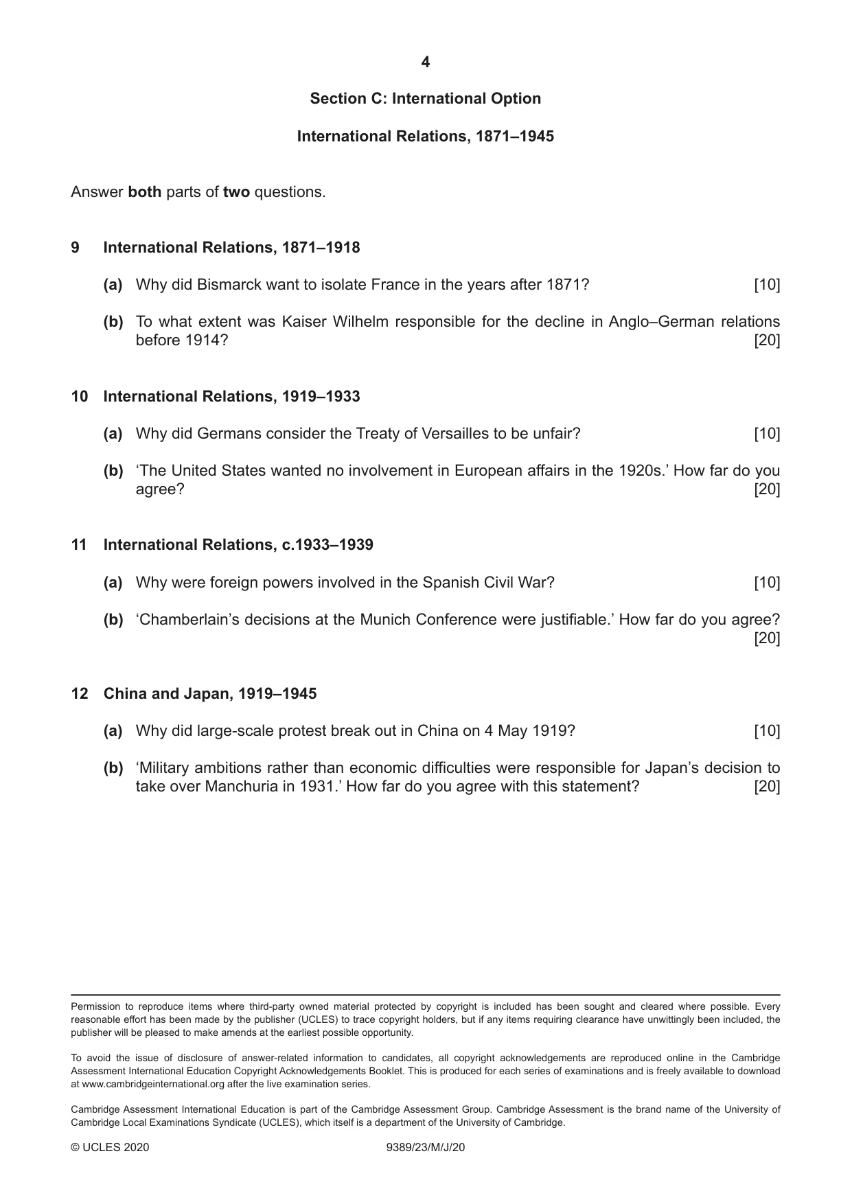 Cambridge A Level History 9389 2020 May/June Paper 2 · Variant 3 question paper, page 4 of 4
