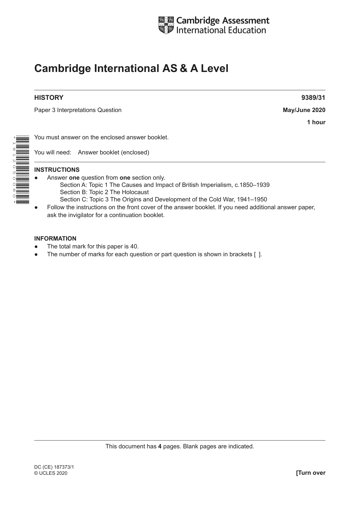 Cambridge A Level History 9389 2020 May/June Paper 3 · Variant 1 question paper, page 1 of 4