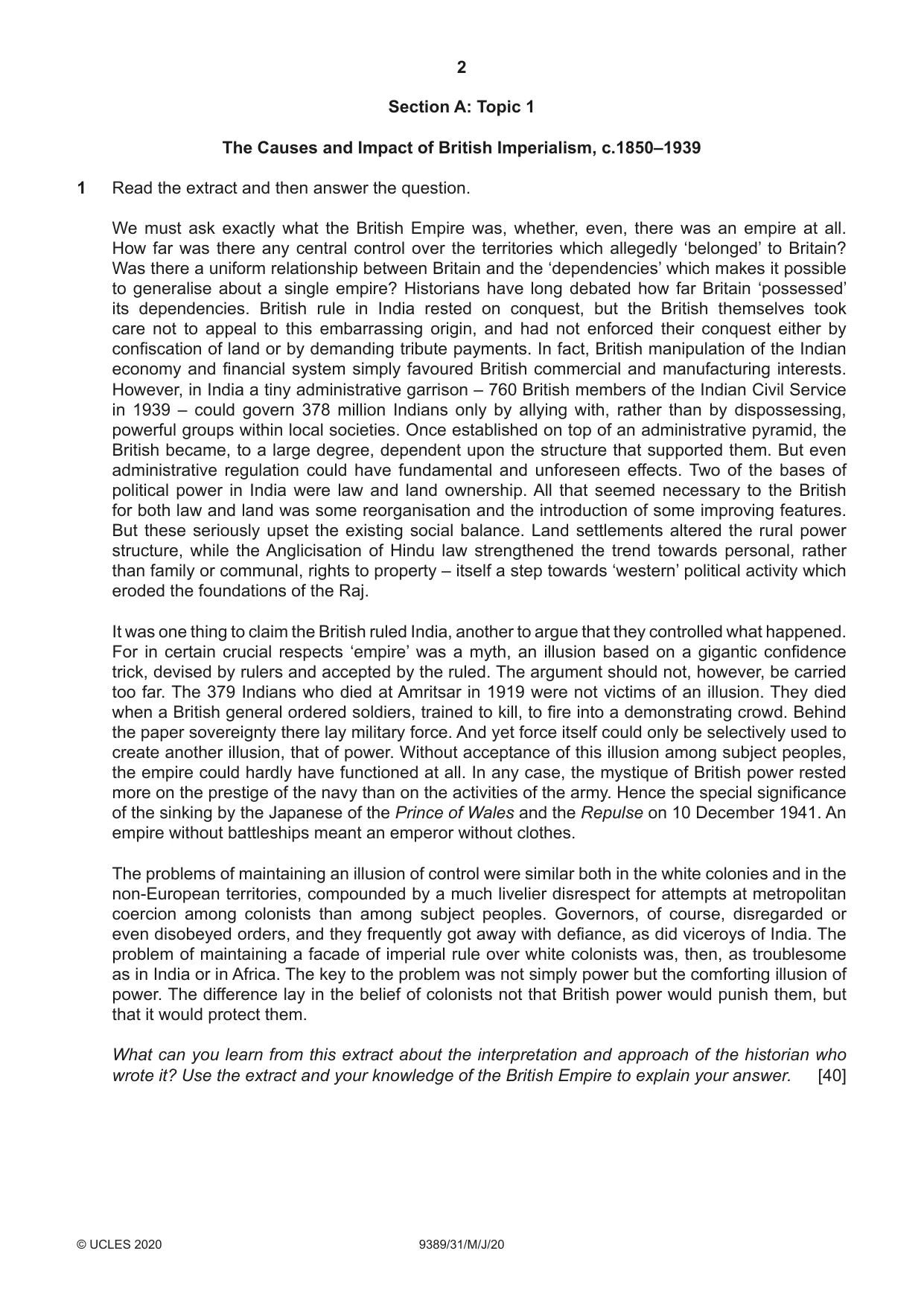 Cambridge A Level History 9389 2020 May/June Paper 3 · Variant 1 question paper, page 2 of 4