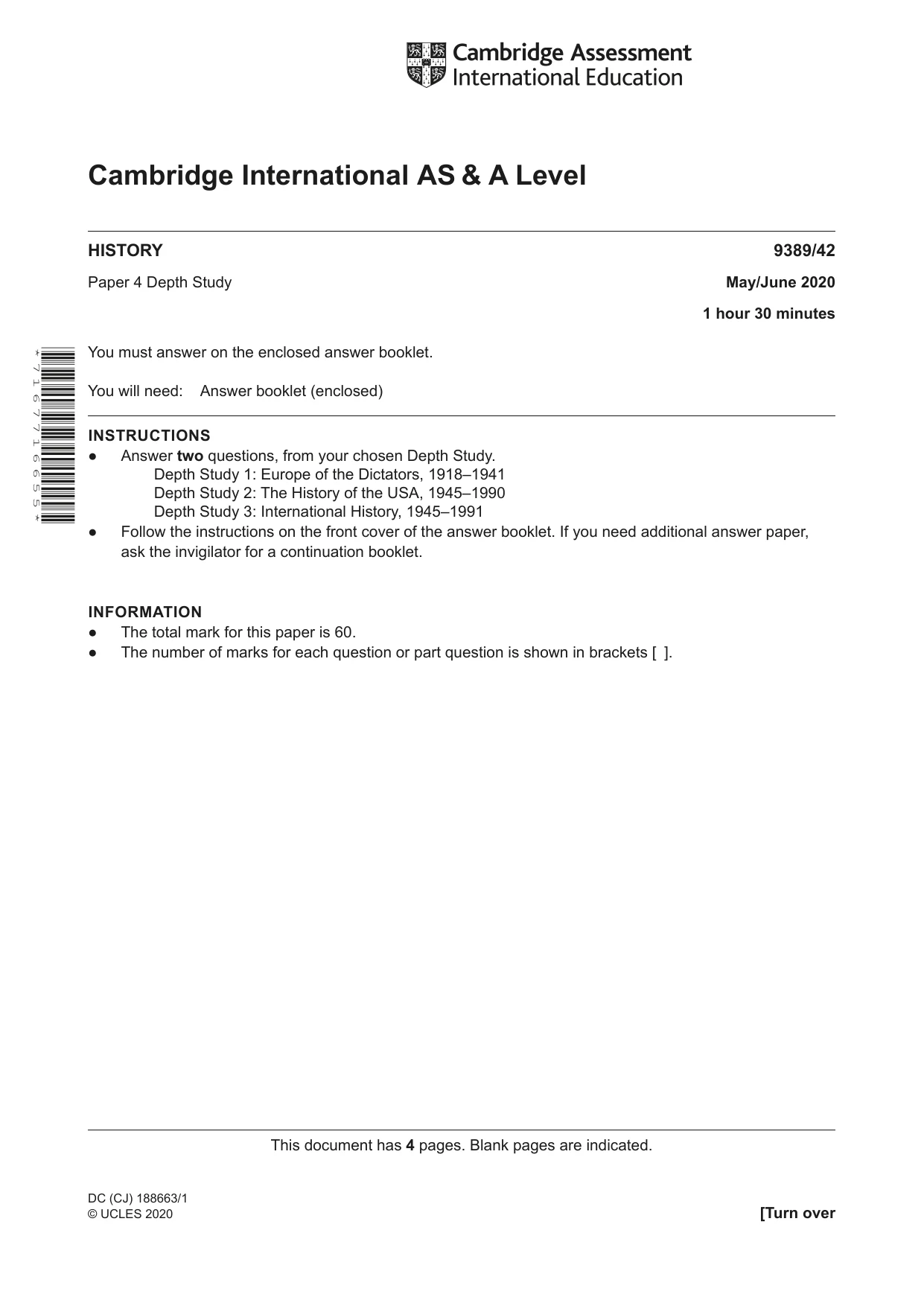 Cambridge A Level History 9389 2020 May/June Paper 4 · Variant 2 question paper, page 1 of 4