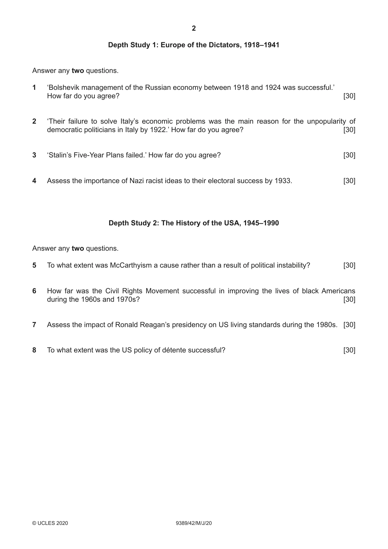 Cambridge A Level History 9389 2020 May/June Paper 4 · Variant 2 question paper, page 2 of 4