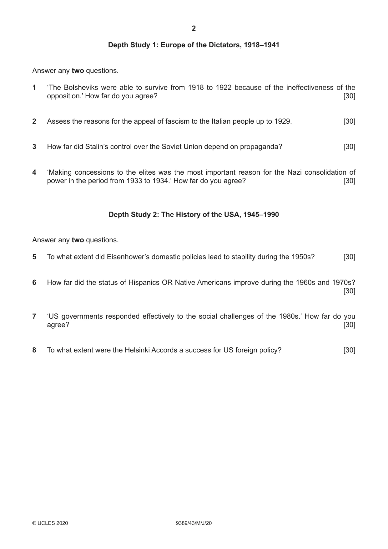 Cambridge A Level History 9389 2020 May/June Paper 4 · Variant 3 question paper, page 2 of 4