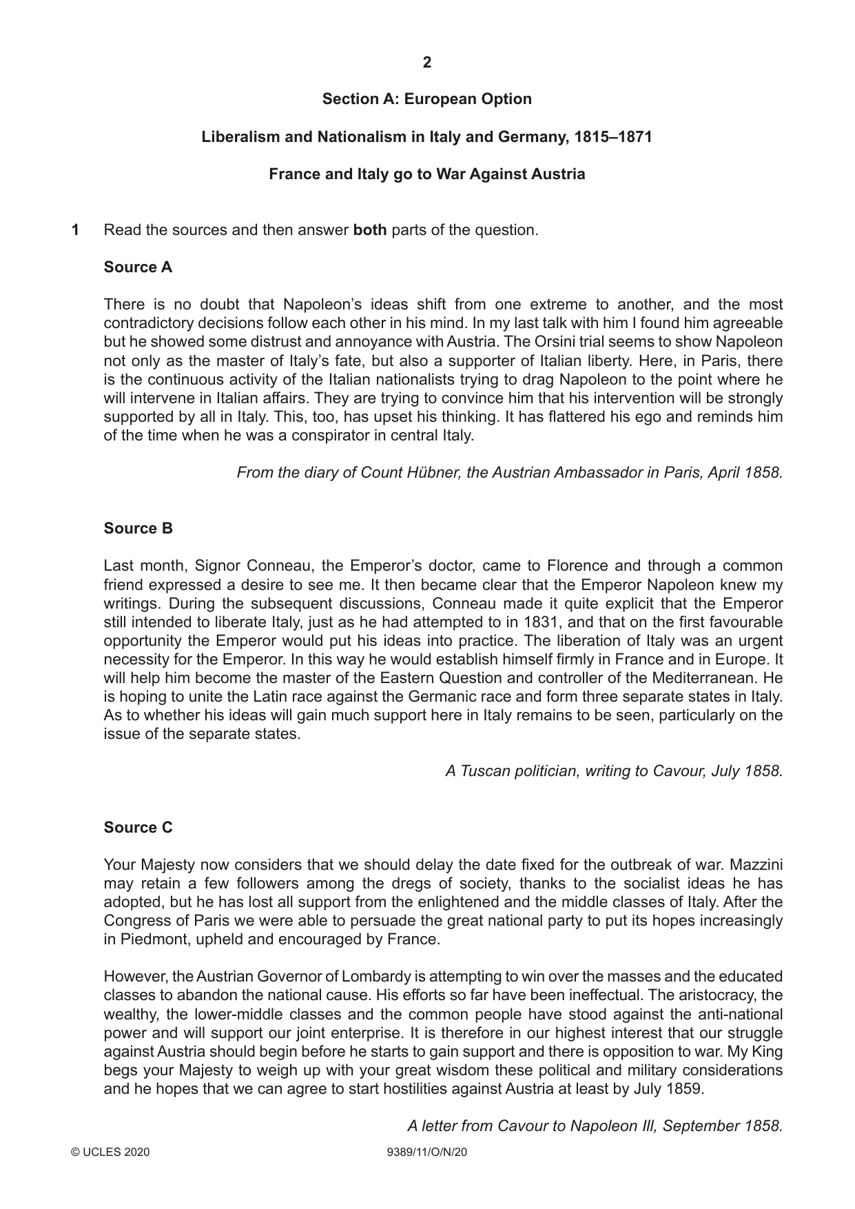 Cambridge A Level History 9389 2020 Oct/Nov Paper 1 · Variant 1 question paper, page 2 of 8