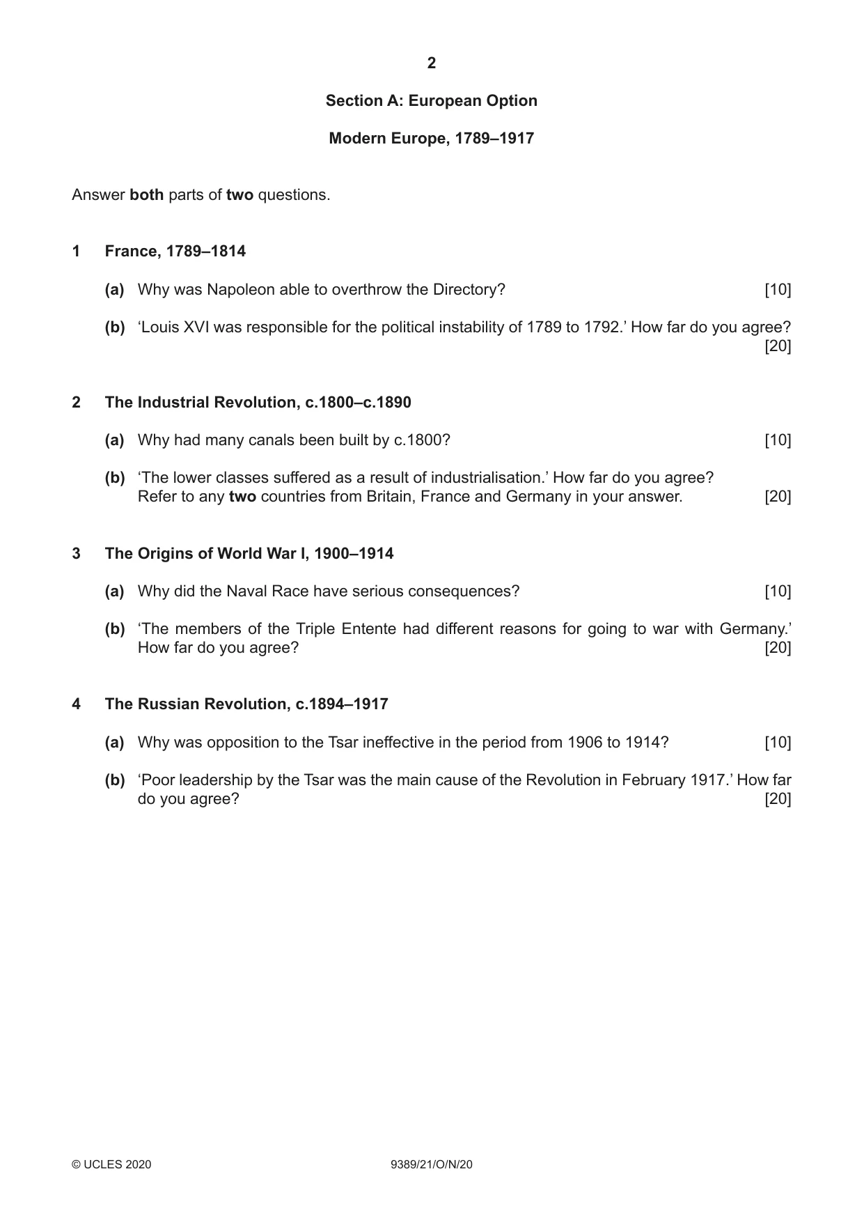 Cambridge A Level History 9389 2020 Oct/Nov Paper 2 · Variant 1 question paper, page 2 of 4