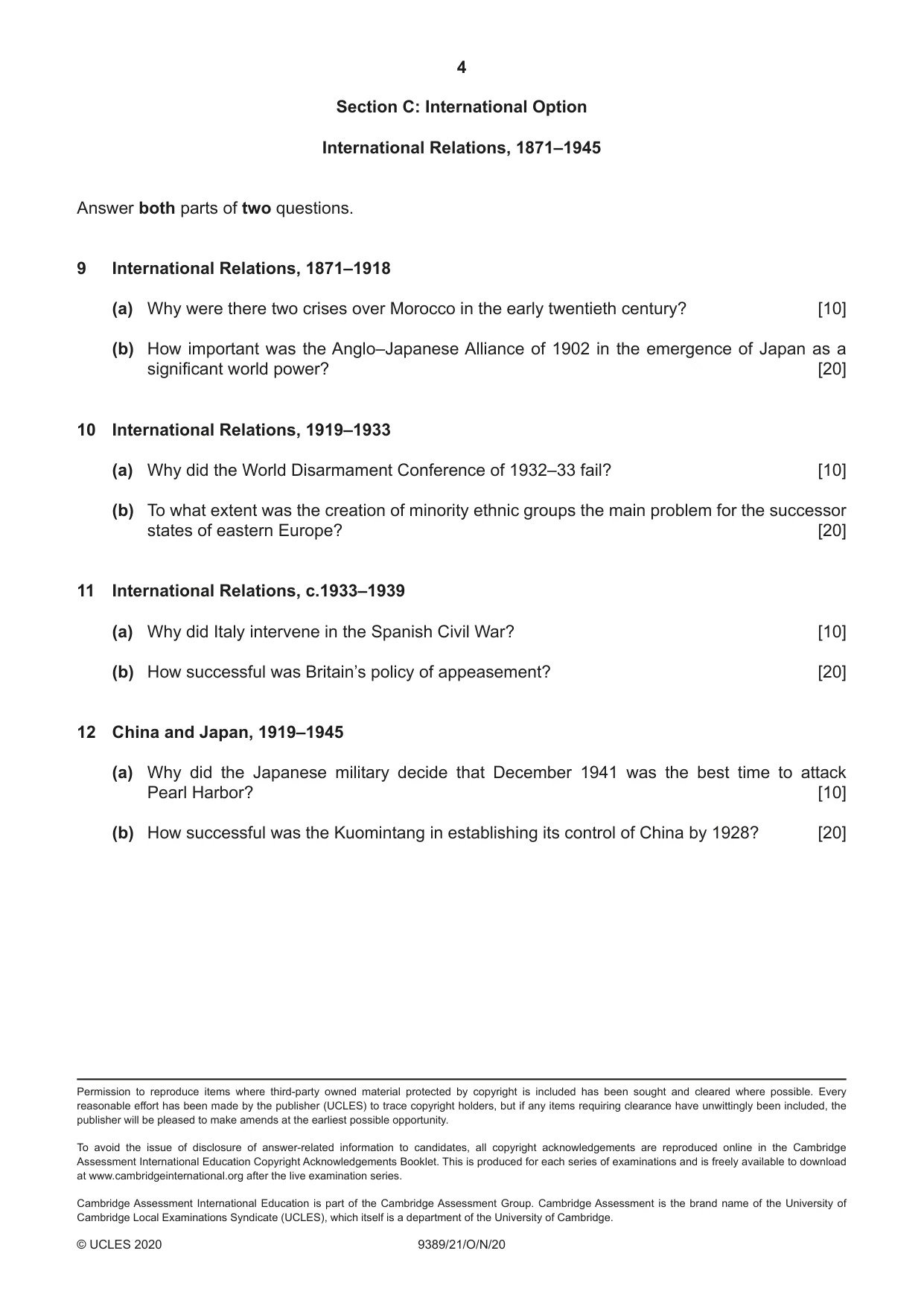 Cambridge A Level History 9389 2020 Oct/Nov Paper 2 · Variant 1 question paper, page 4 of 4