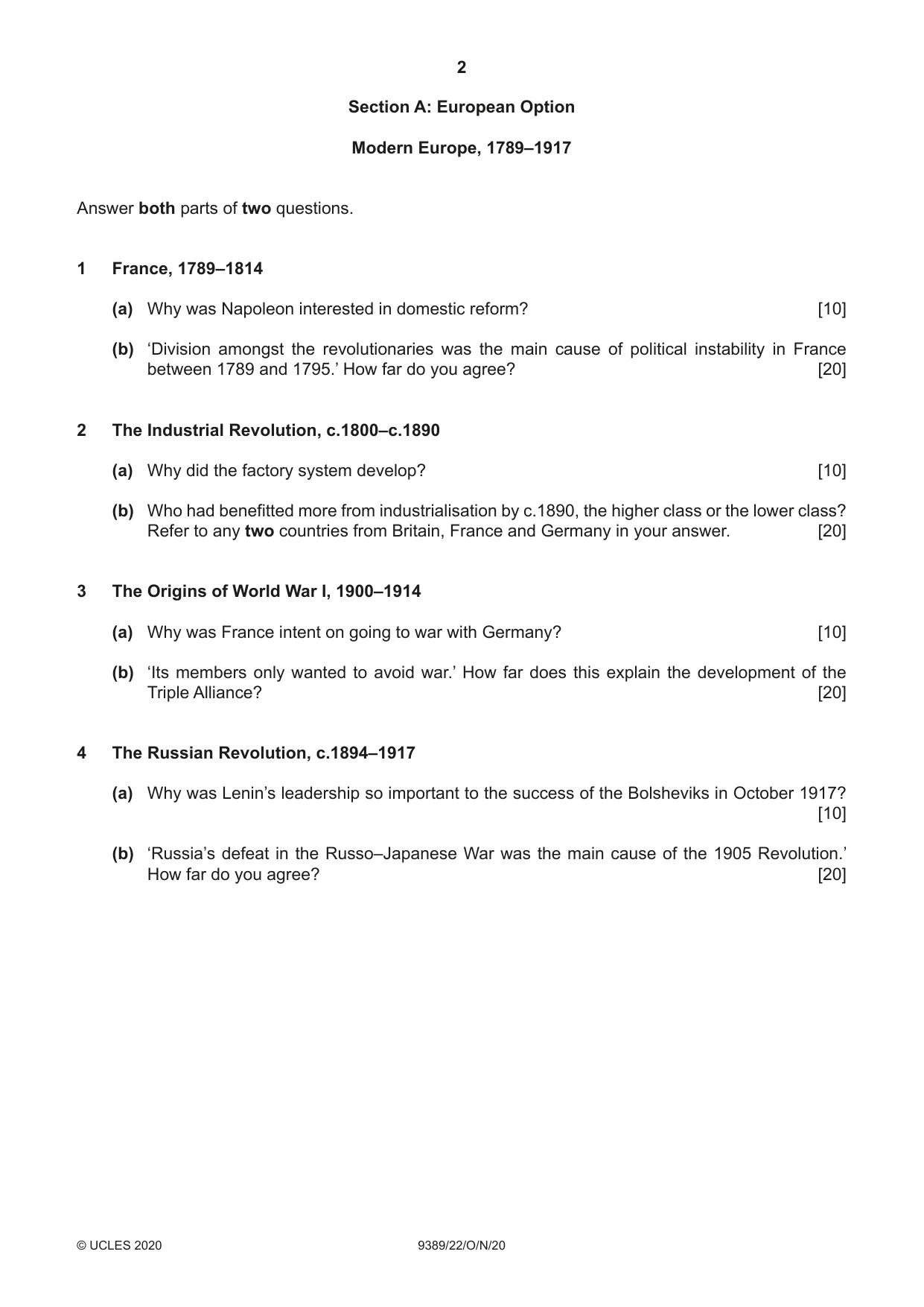 Cambridge A Level History 9389 2020 Oct/Nov Paper 2 · Variant 2 question paper, page 2 of 4