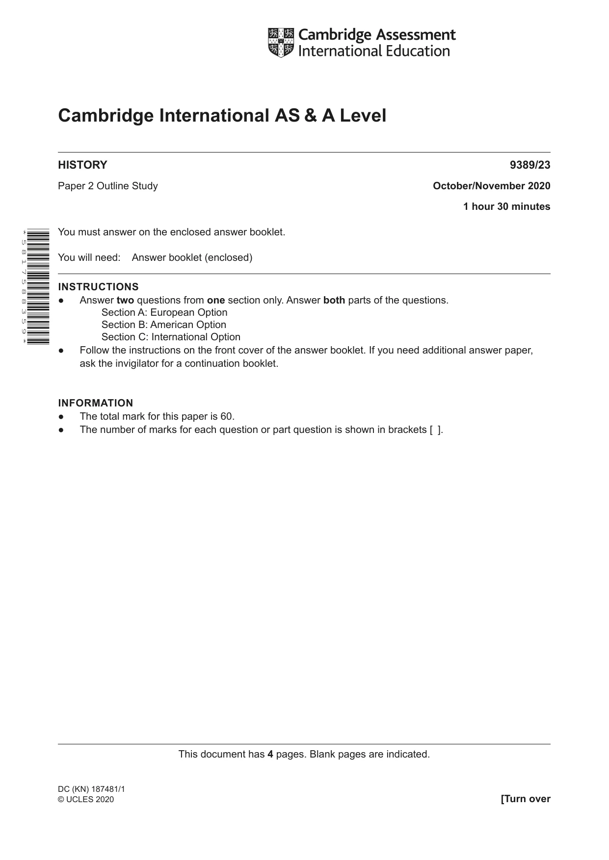 Cambridge A Level History 9389 2020 Oct/Nov Paper 2 · Variant 3 question paper, page 1 of 4