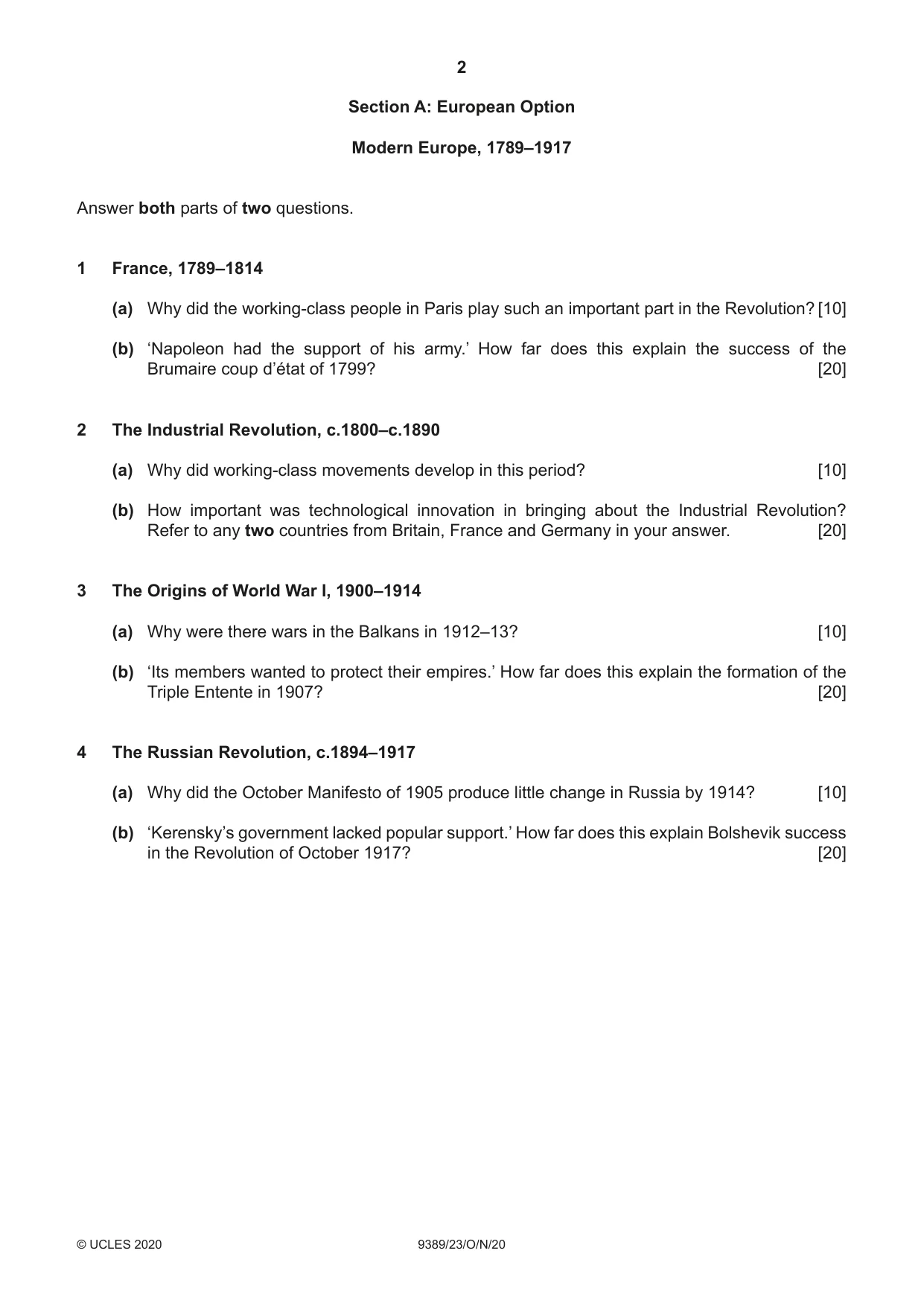 Cambridge A Level History 9389 2020 Oct/Nov Paper 2 · Variant 3 question paper, page 2 of 4