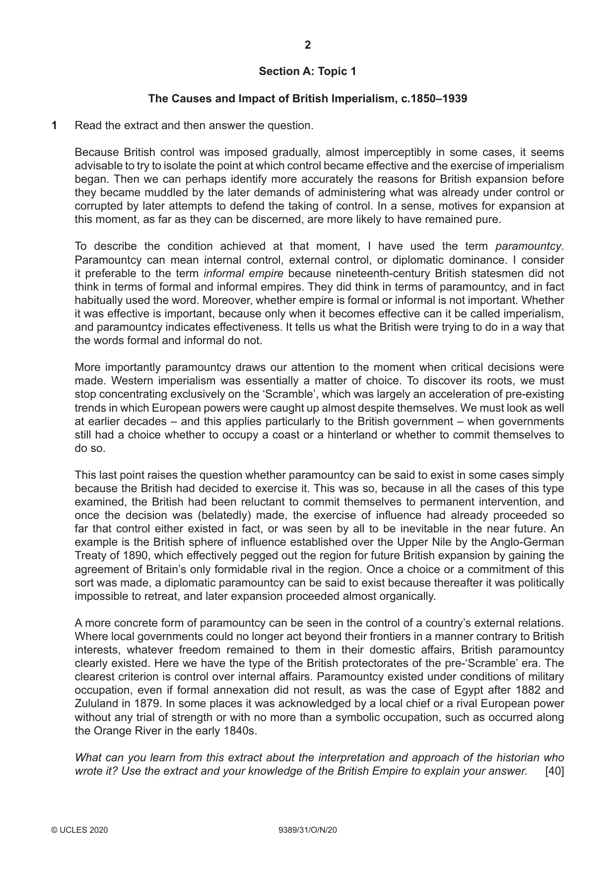Cambridge A Level History 9389 2020 Oct/Nov Paper 3 · Variant 1 question paper, page 2 of 4