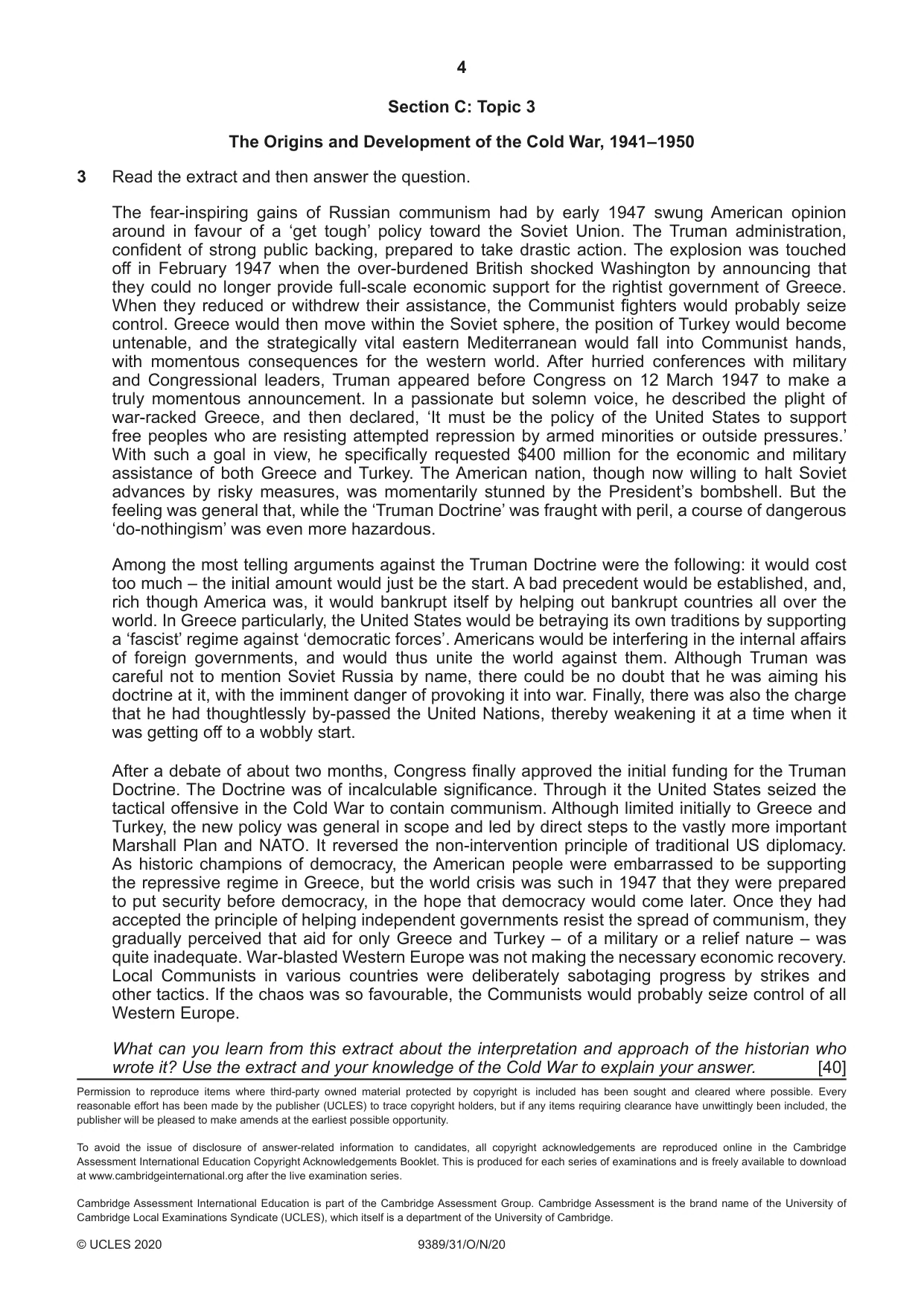 Cambridge A Level History 9389 2020 Oct/Nov Paper 3 · Variant 1 question paper, page 4 of 4