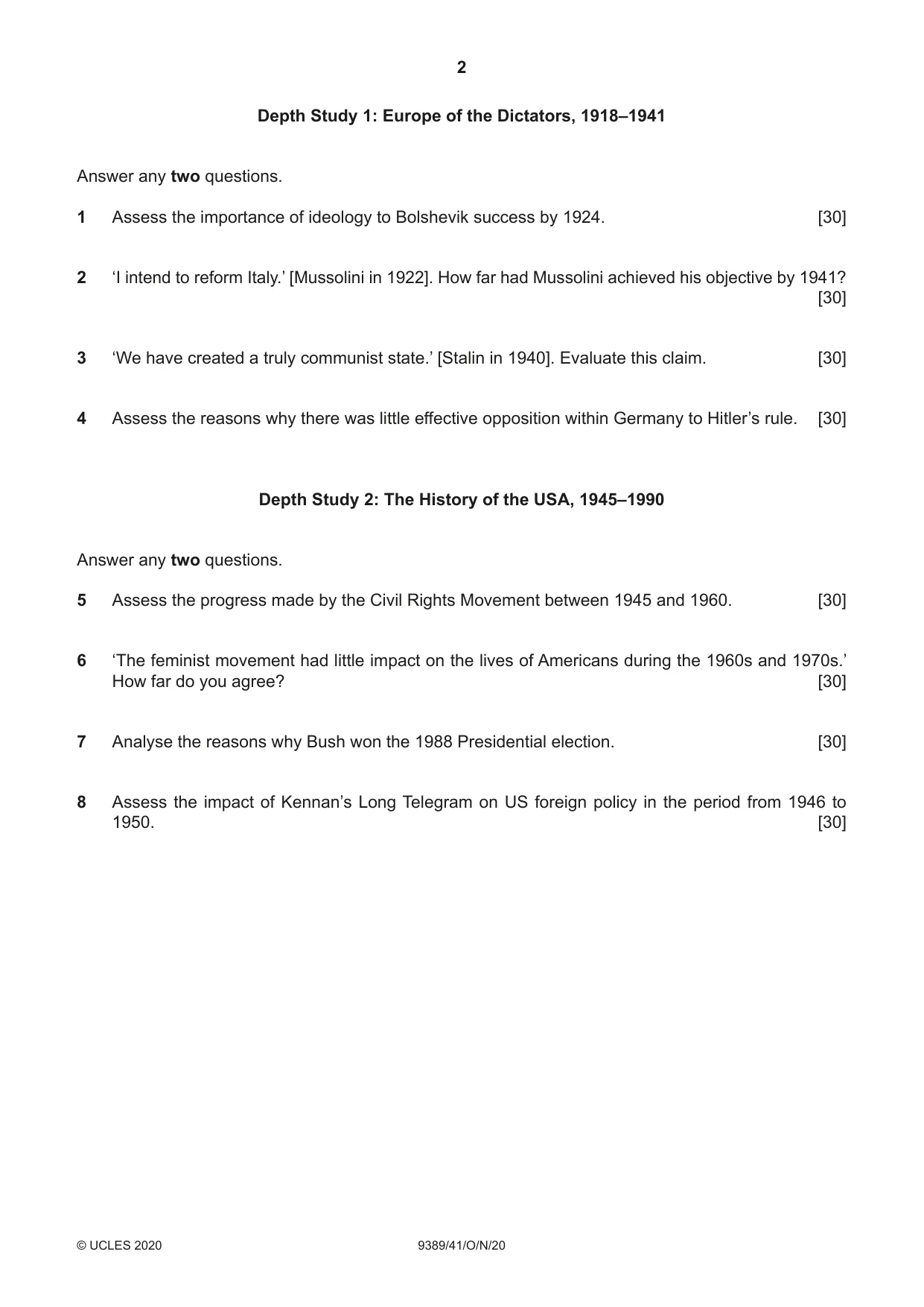 Cambridge A Level History 9389 2020 Oct/Nov Paper 4 · Variant 1 question paper, page 2 of 4