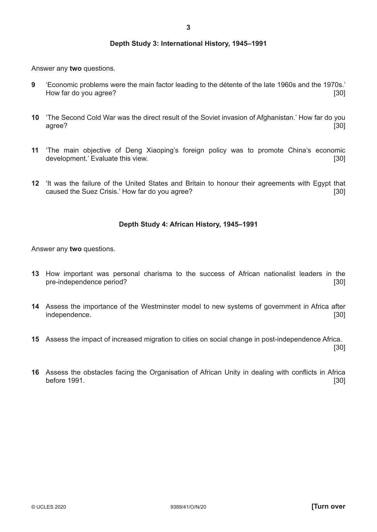 Cambridge A Level History 9389 2020 Oct/Nov Paper 4 · Variant 1 question paper, page 3 of 4