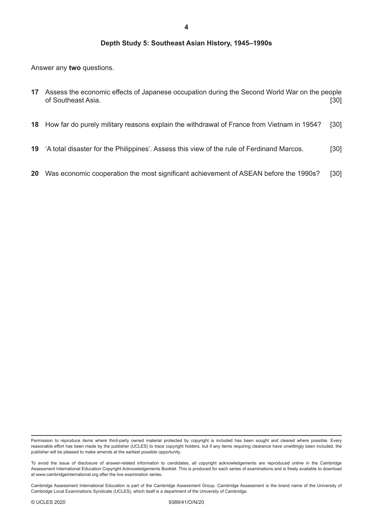 Cambridge A Level History 9389 2020 Oct/Nov Paper 4 · Variant 1 question paper, page 4 of 4