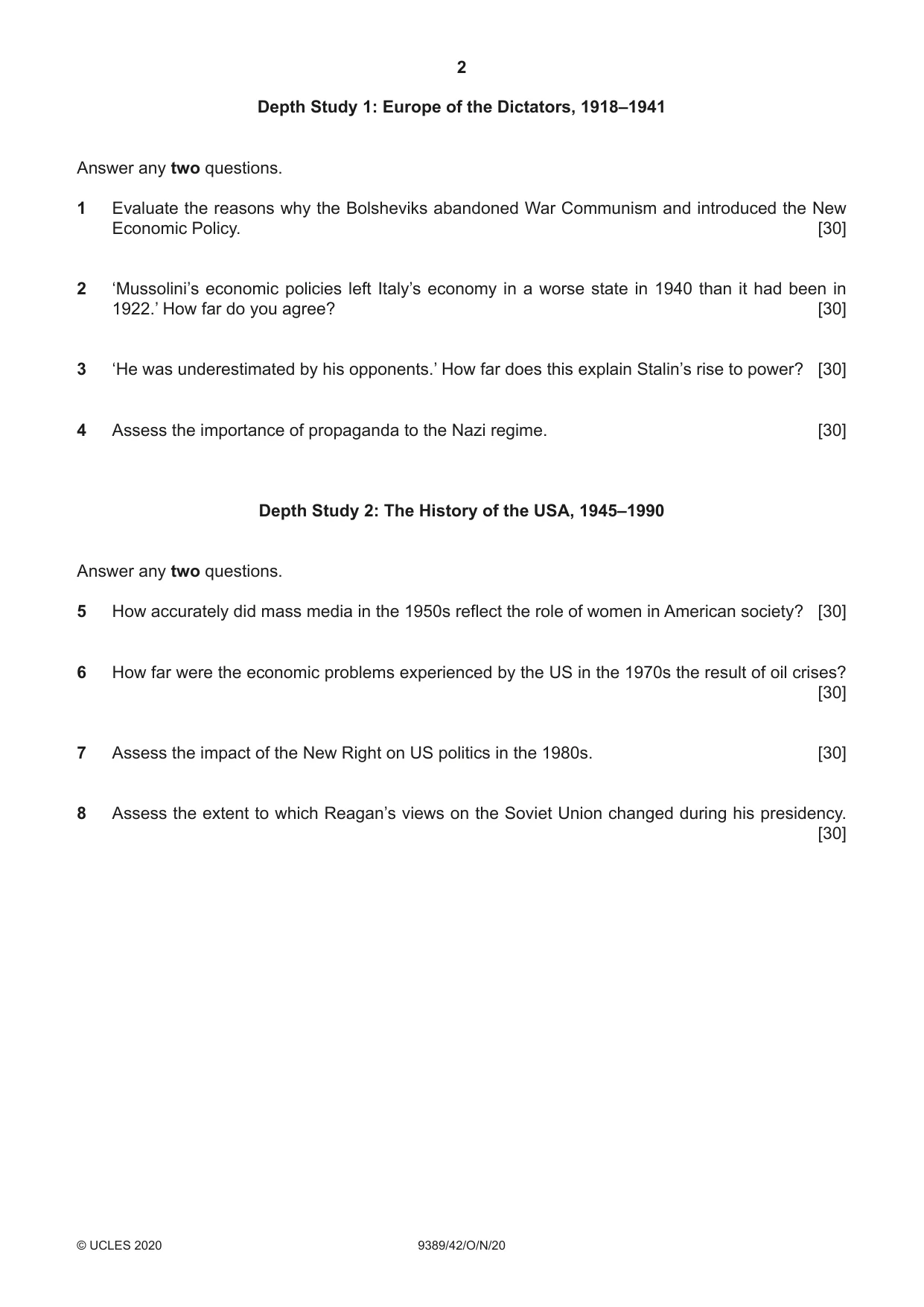 Cambridge A Level History 9389 2020 Oct/Nov Paper 4 · Variant 2 question paper, page 2 of 4