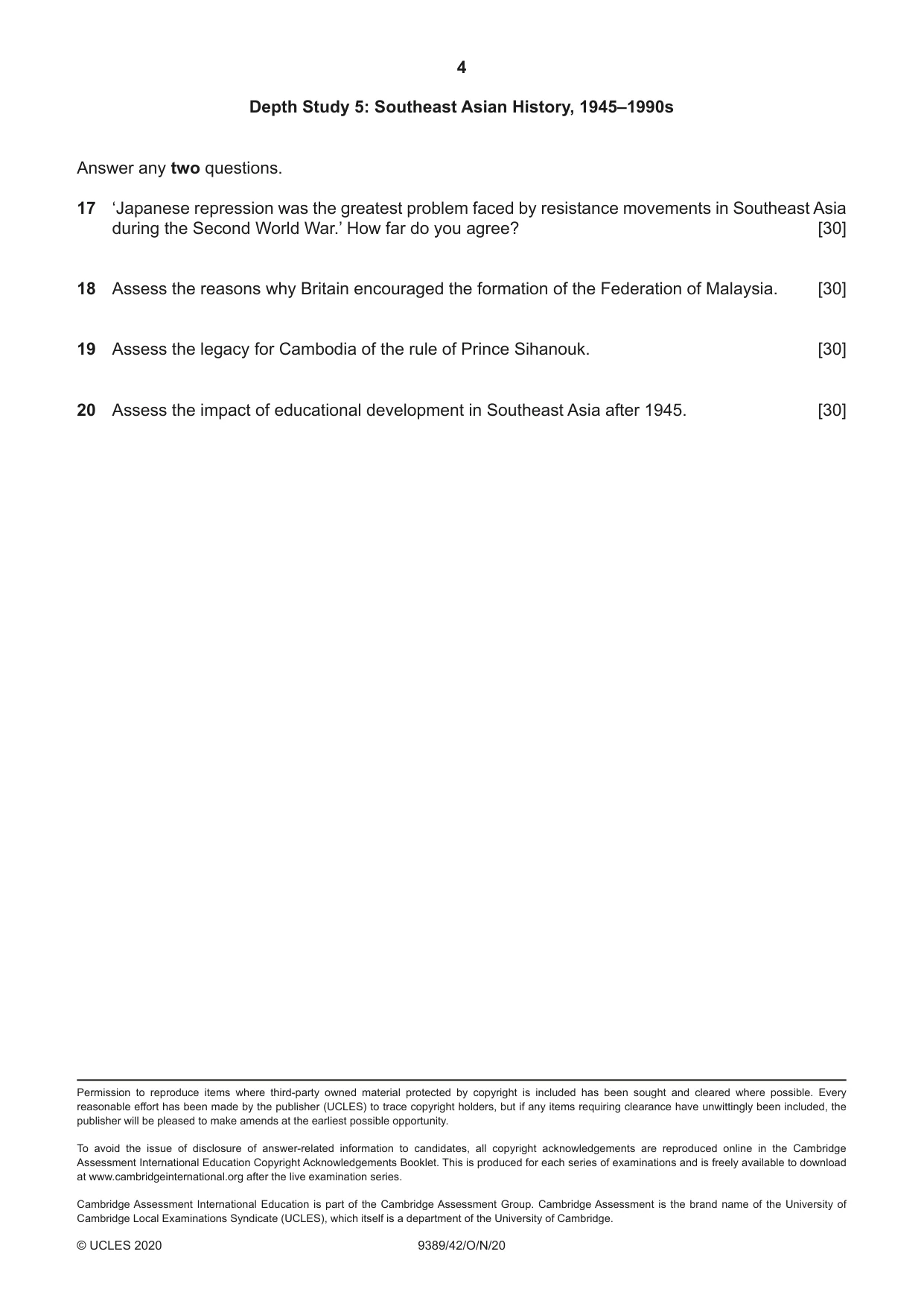 Cambridge A Level History 9389 2020 Oct/Nov Paper 4 · Variant 2 question paper, page 4 of 4