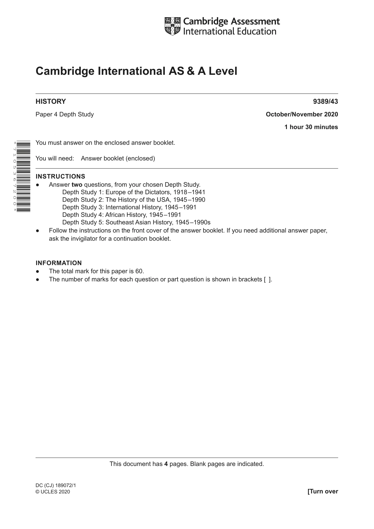 Cambridge A Level History 9389 2020 Oct/Nov Paper 4 · Variant 3 question paper, page 1 of 4