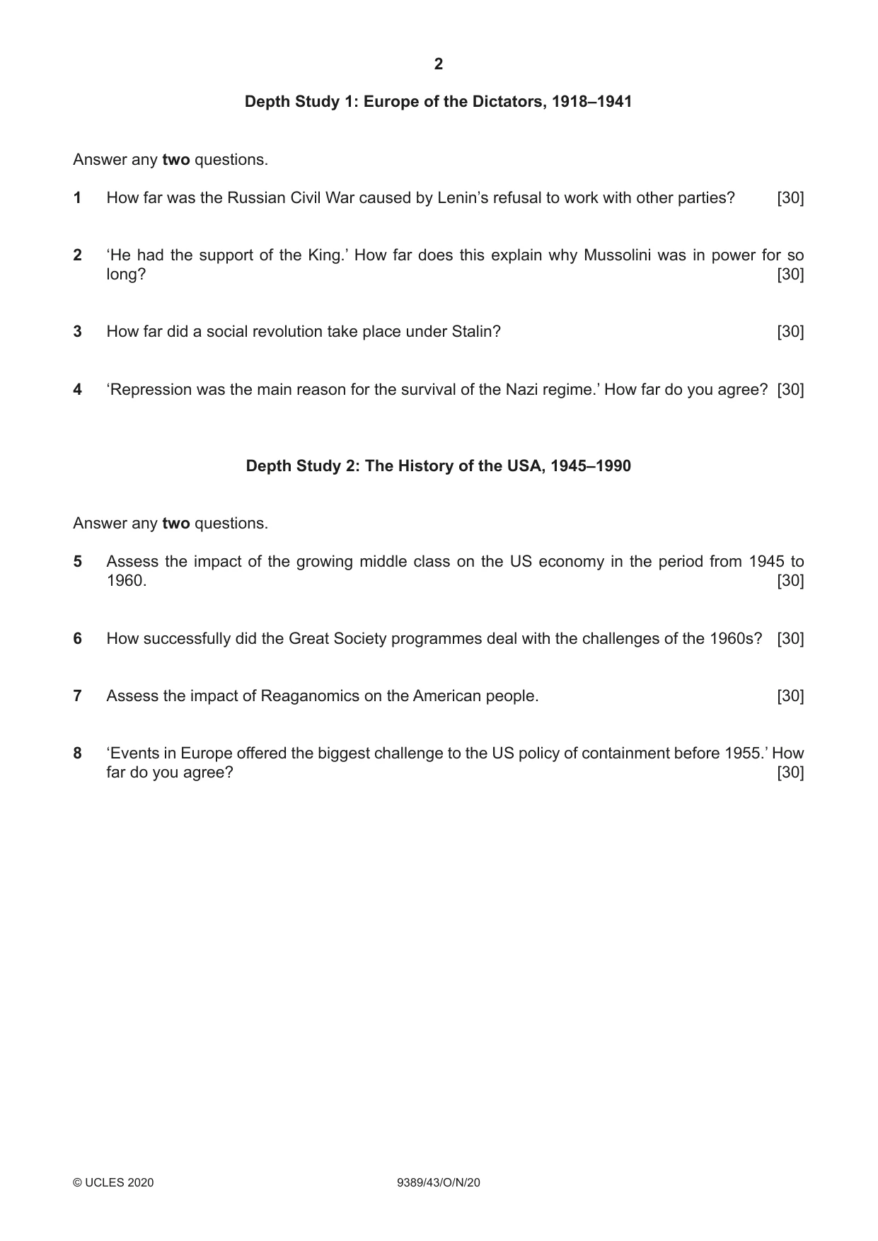Cambridge A Level History 9389 2020 Oct/Nov Paper 4 · Variant 3 question paper, page 2 of 4