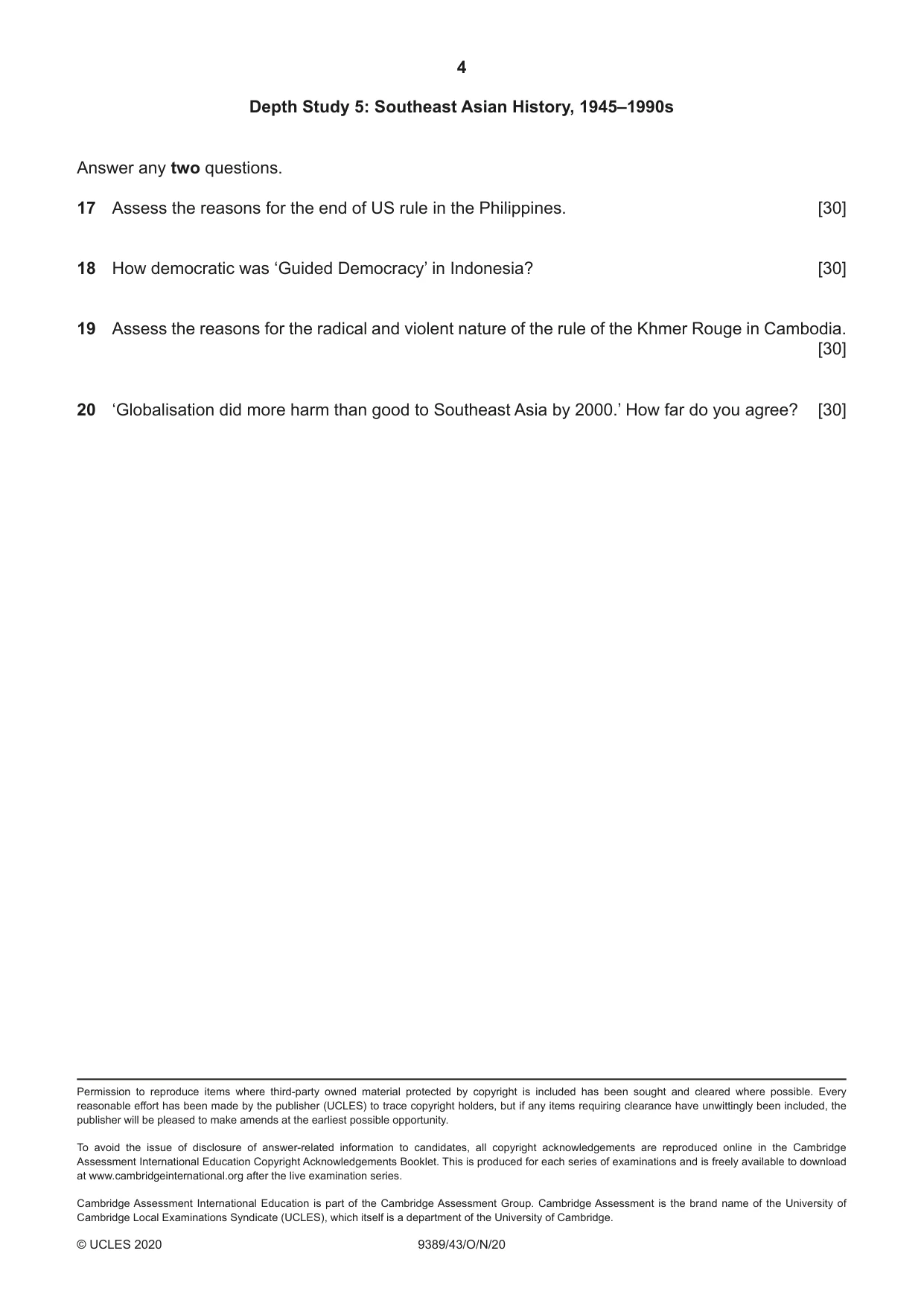 Cambridge A Level History 9389 2020 Oct/Nov Paper 4 · Variant 3 question paper, page 4 of 4