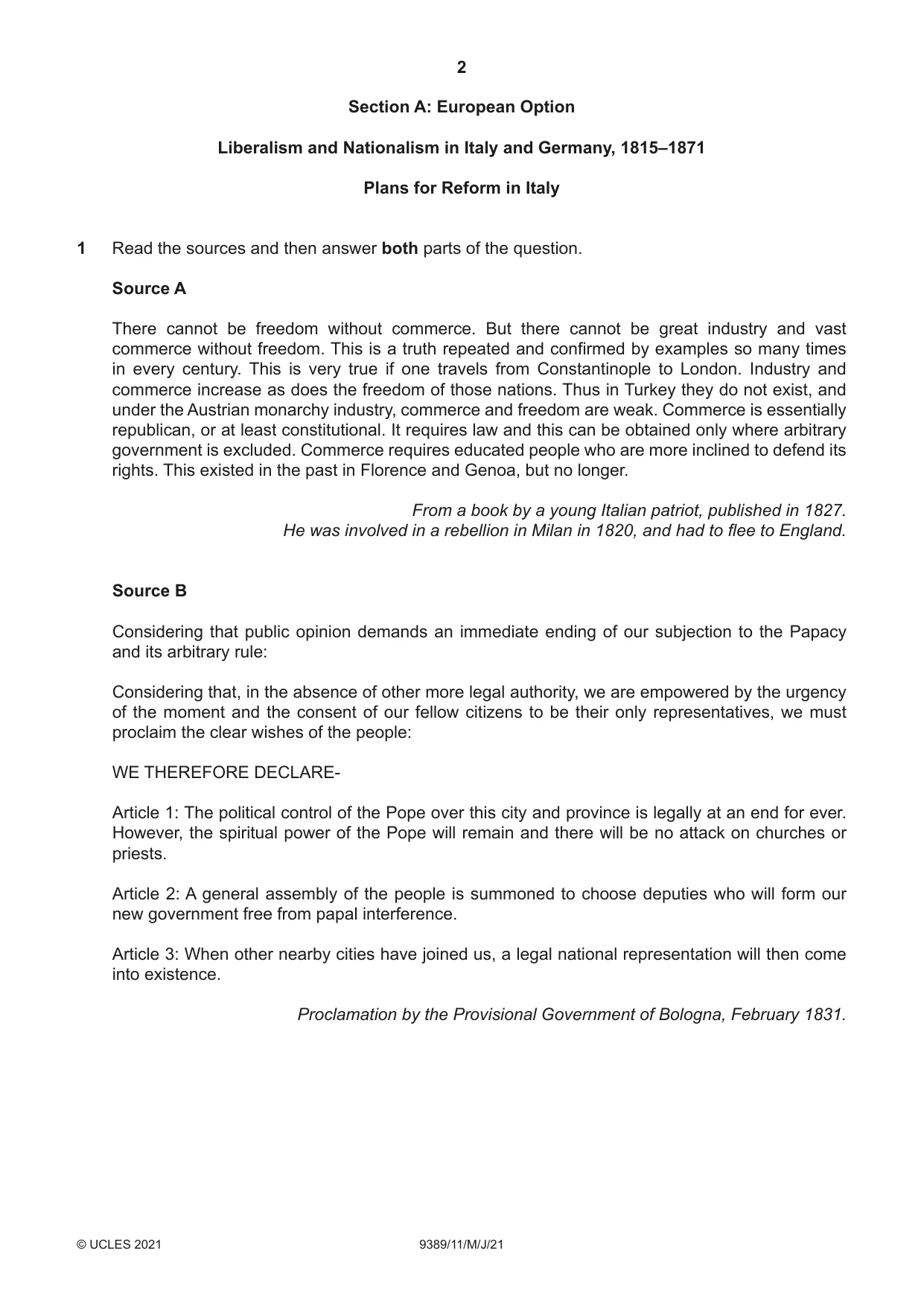 Cambridge A Level History 9389 2021 May/June Paper 1 · Variant 1 question paper, page 2 of 8