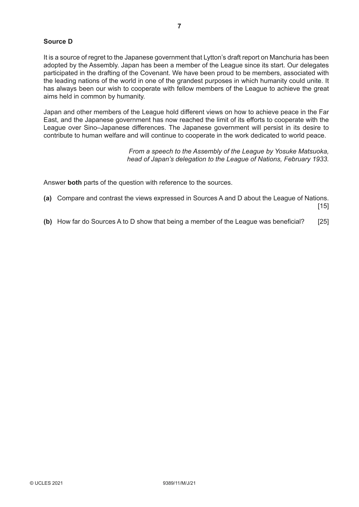 Cambridge A Level History 9389 2021 May/June Paper 1 · Variant 1 question paper, page 7 of 8