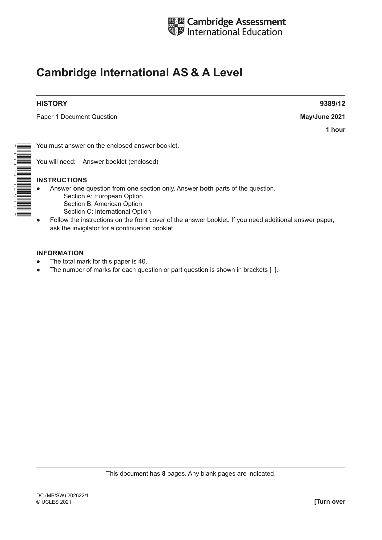 Cambridge A Level History 9389 2021 May/June Paper 1 · Variant 2 question paper, page 1 of 8