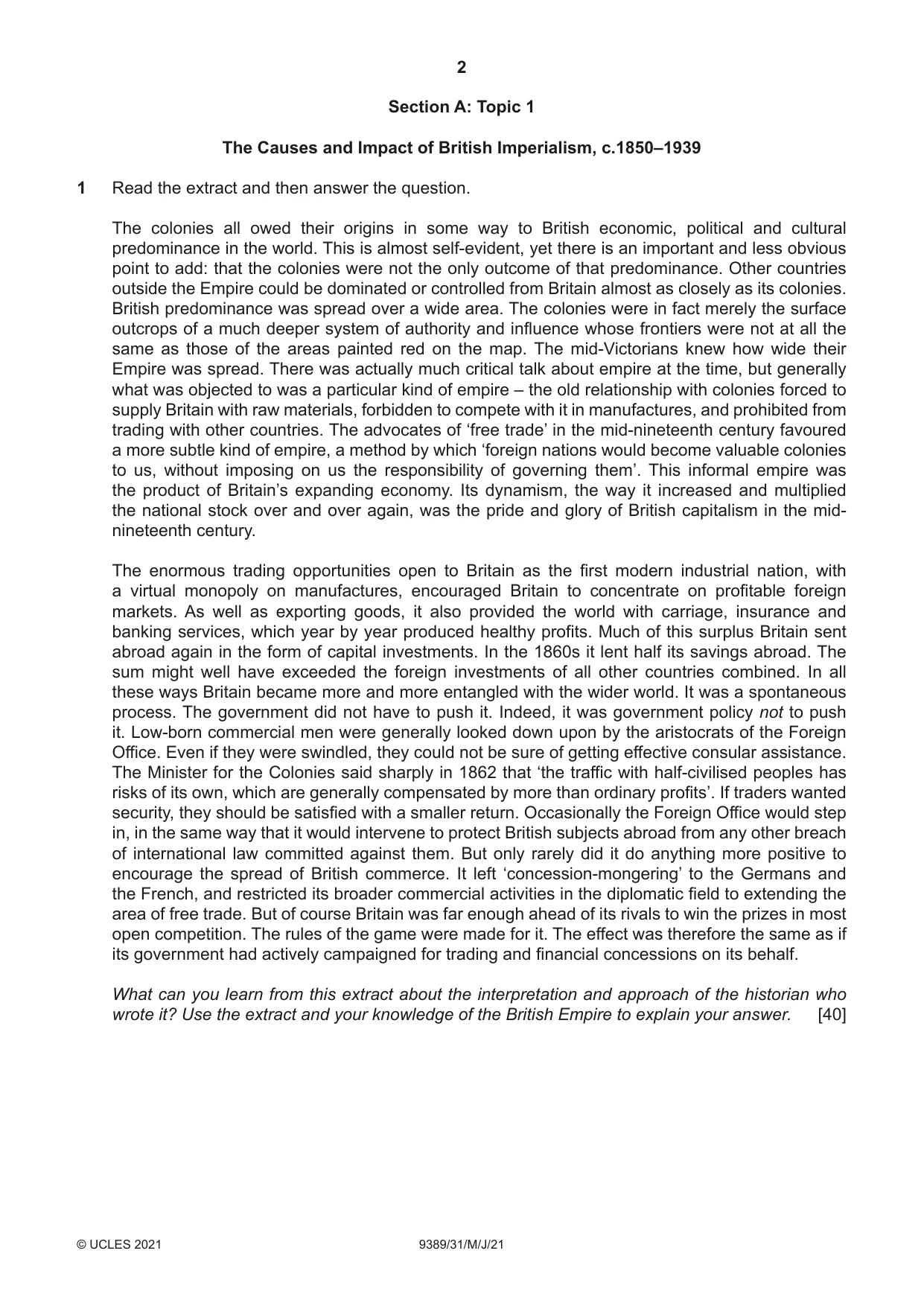Cambridge A Level History 9389 2021 May/June Paper 3 · Variant 1 question paper, page 2 of 8