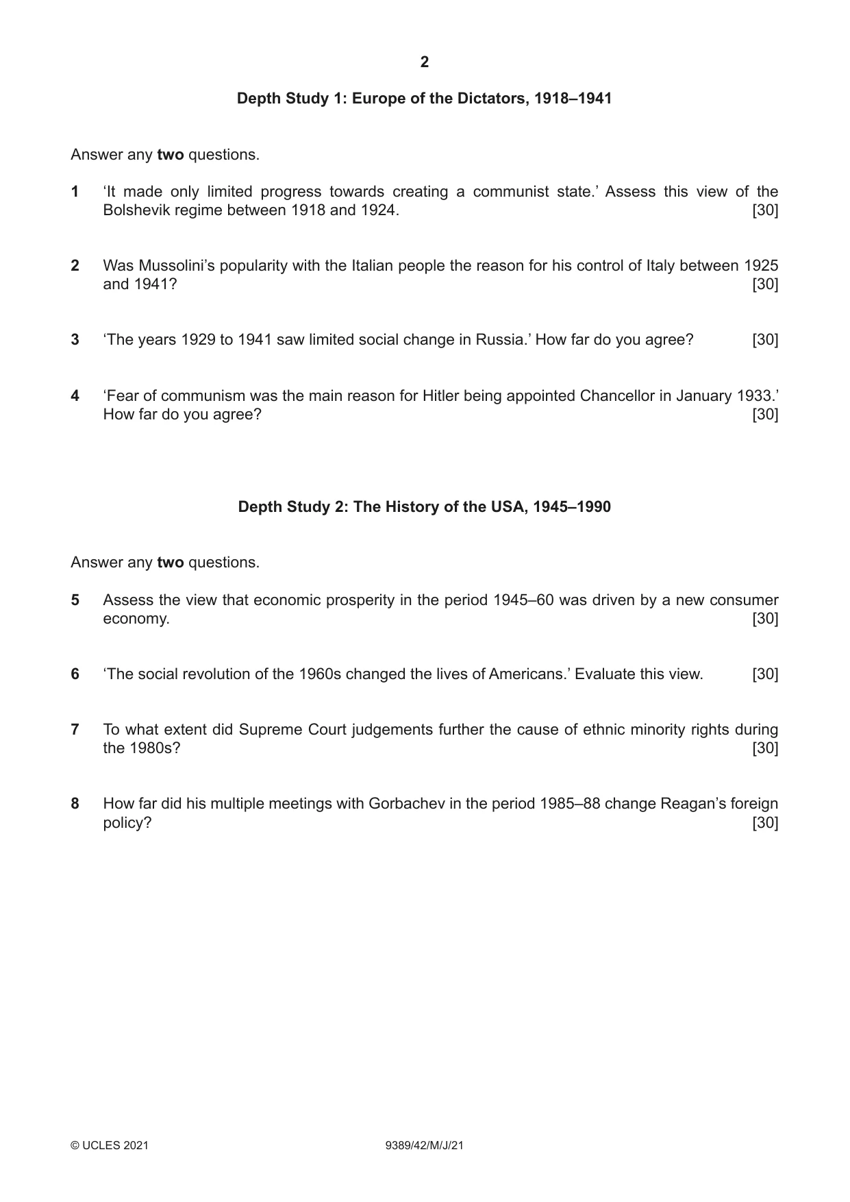 Cambridge A Level History 9389 2021 May/June Paper 4 · Variant 2 question paper, page 2 of 4