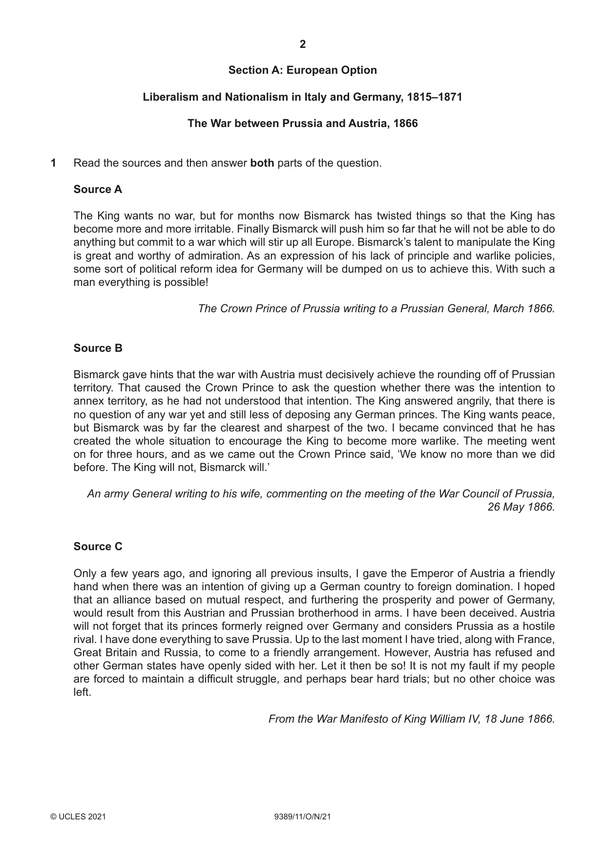 Cambridge A Level History 9389 2021 Oct/Nov Paper 1 · Variant 1 question paper, page 2 of 8