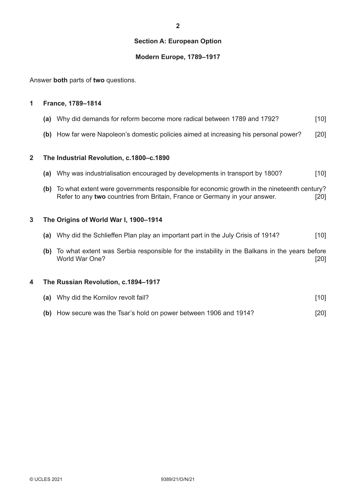 Cambridge A Level History 9389 2021 Oct/Nov Paper 2 · Variant 1 question paper, page 2 of 4
