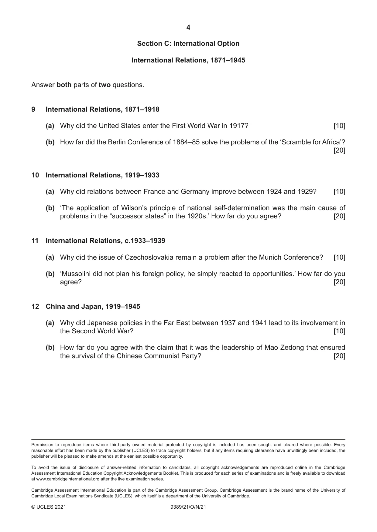 Cambridge A Level History 9389 2021 Oct/Nov Paper 2 · Variant 1 question paper, page 4 of 4