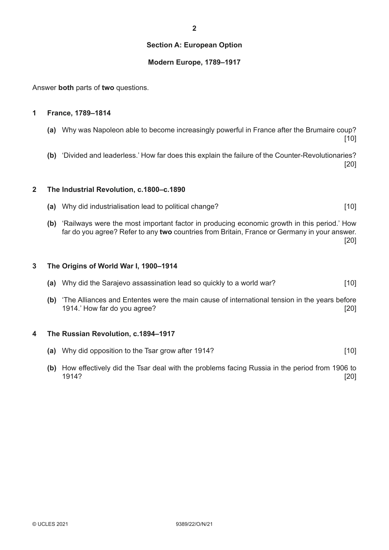Cambridge A Level History 9389 2021 Oct/Nov Paper 2 · Variant 2 question paper, page 2 of 4