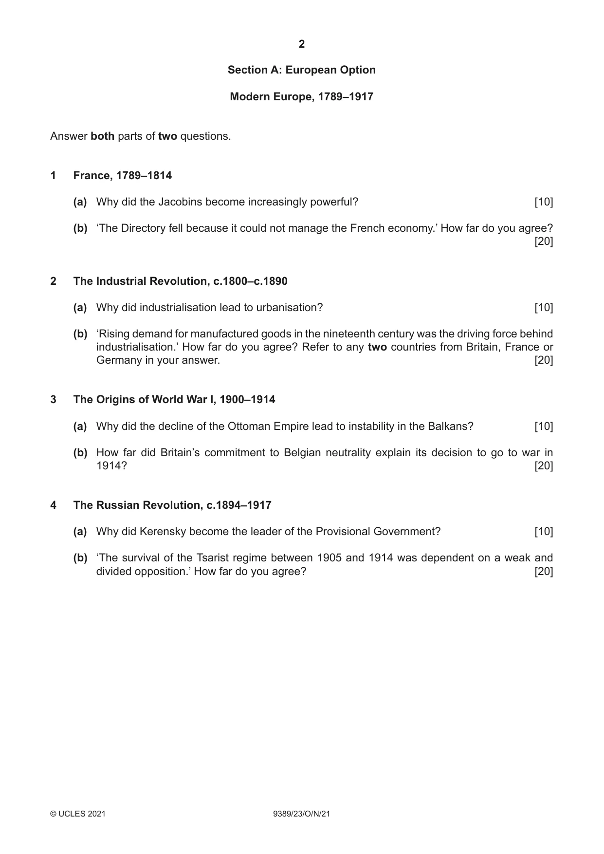 Cambridge A Level History 9389 2021 Oct/Nov Paper 2 · Variant 3 question paper, page 2 of 4