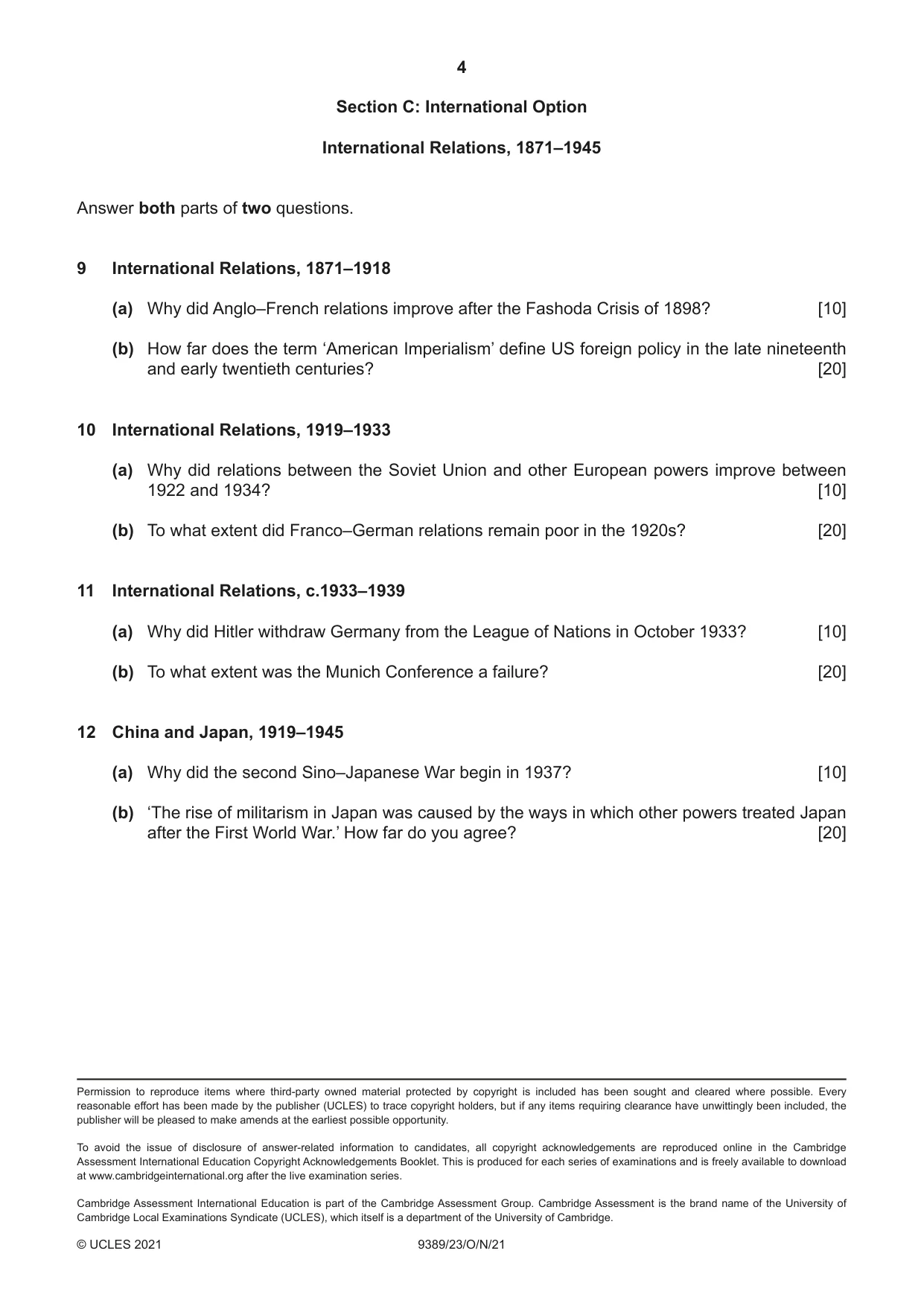 Cambridge A Level History 9389 2021 Oct/Nov Paper 2 · Variant 3 question paper, page 4 of 4
