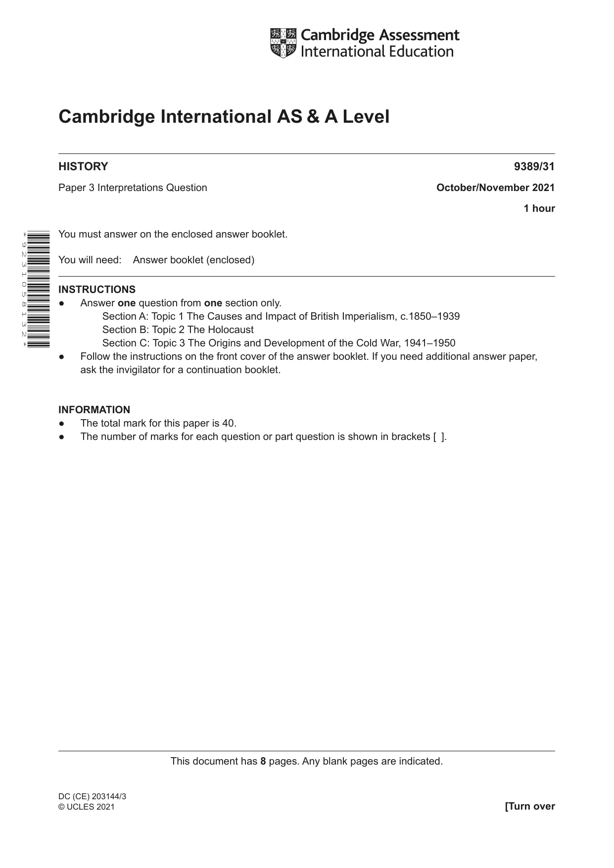 Cambridge A Level History 9389 2021 Oct/Nov Paper 3 · Variant 1 question paper, page 1 of 8