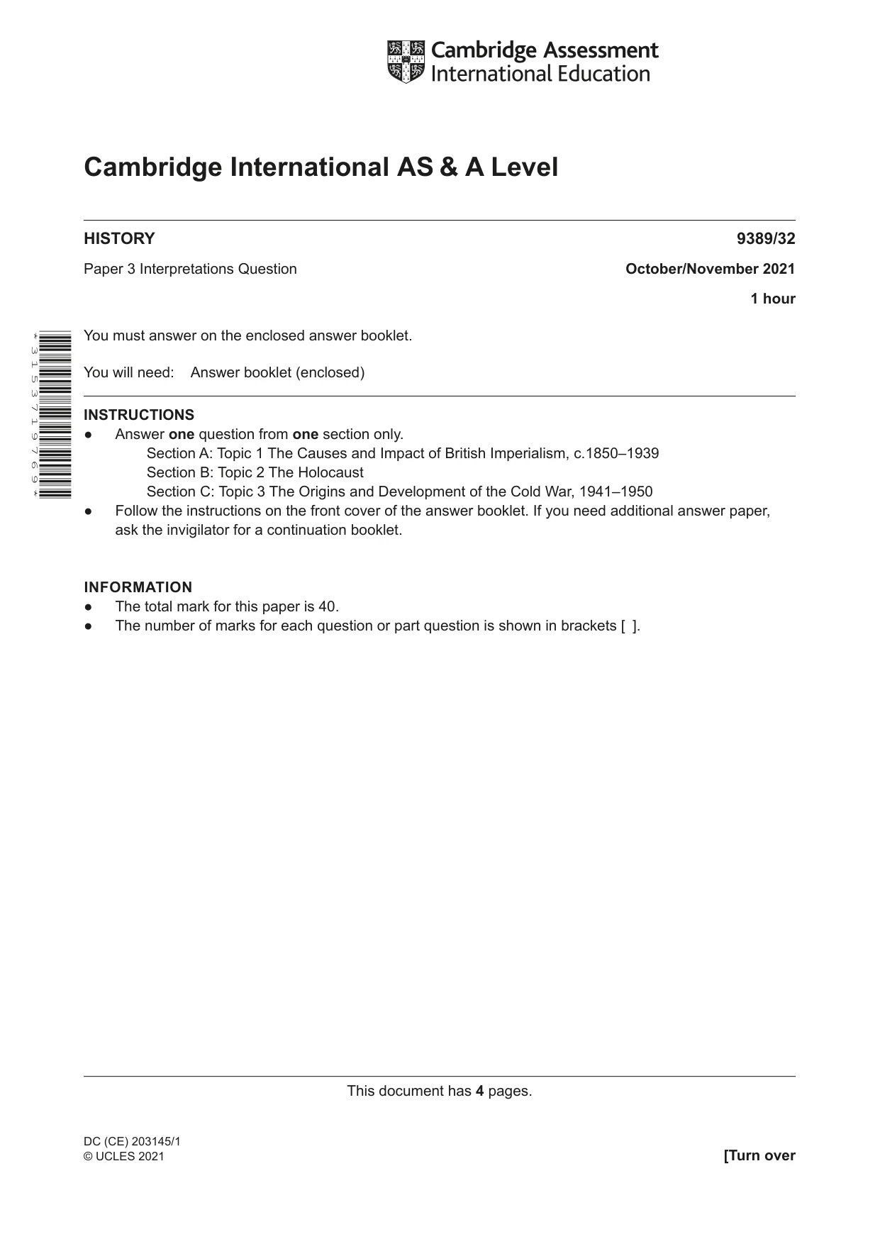 Cambridge A Level History 9389 2021 Oct/Nov Paper 3 · Variant 2 question paper, page 1 of 4