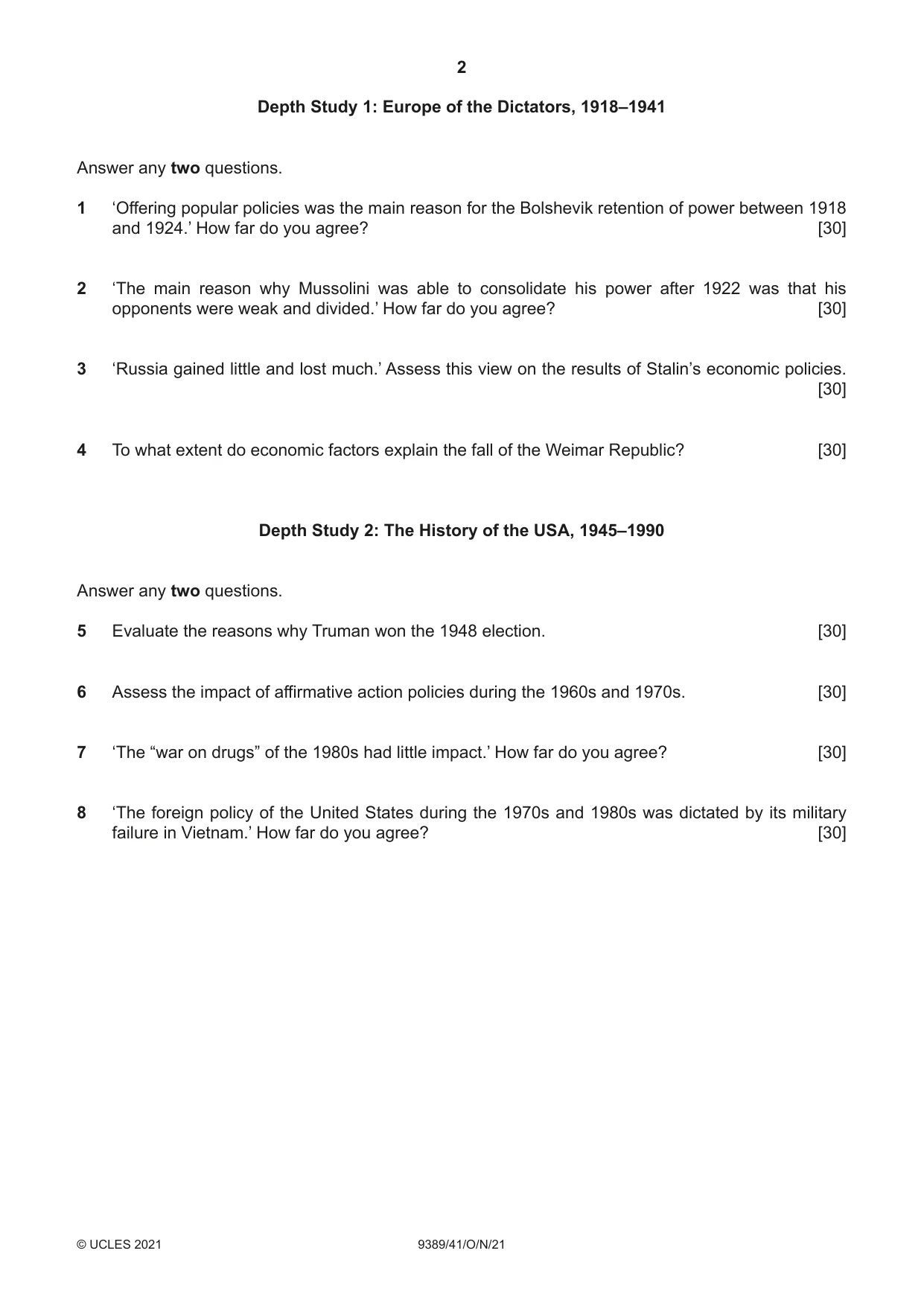 Cambridge A Level History 9389 2021 Oct/Nov Paper 4 · Variant 1 question paper, page 2 of 4