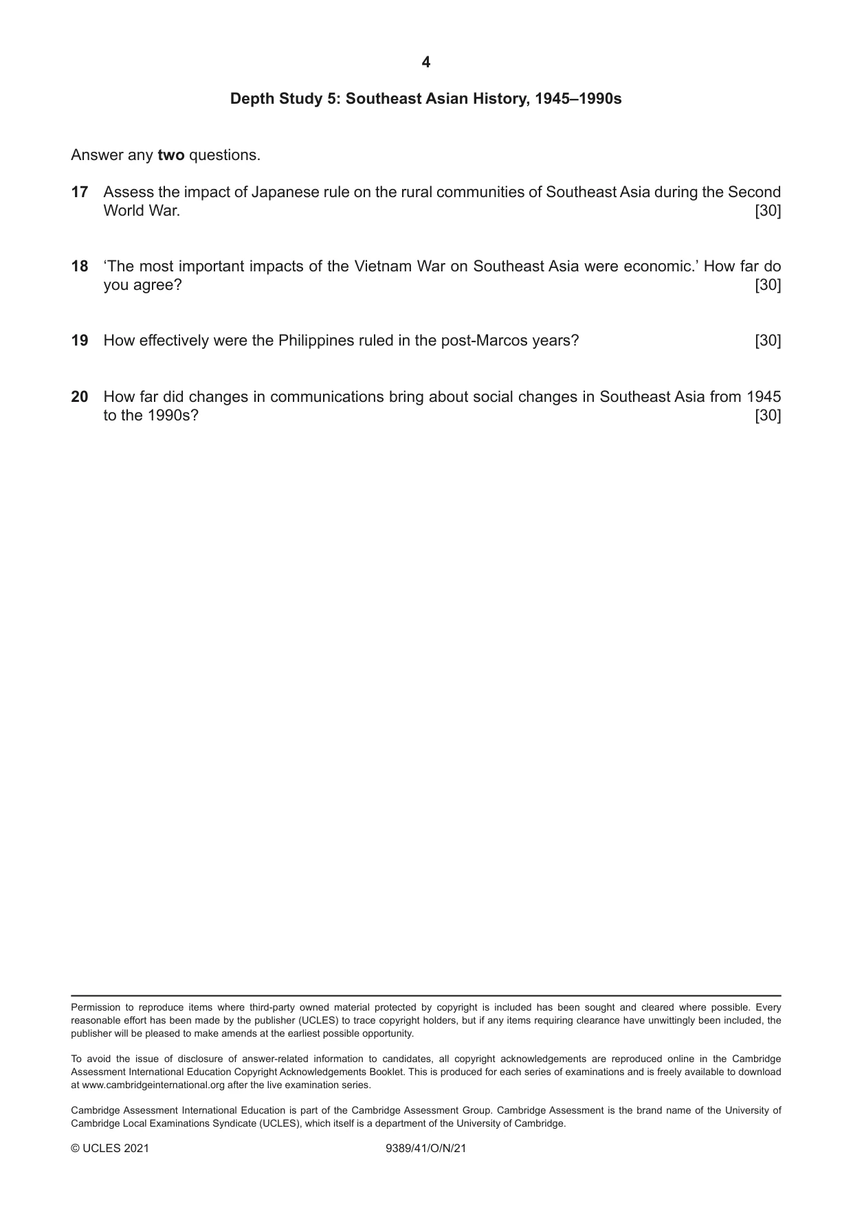 Cambridge A Level History 9389 2021 Oct/Nov Paper 4 · Variant 1 question paper, page 4 of 4