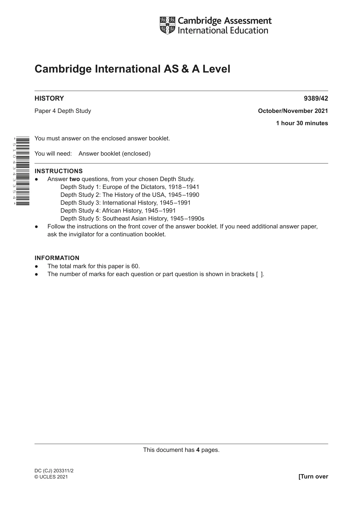 Cambridge A Level History 9389 2021 Oct/Nov Paper 4 · Variant 2 question paper, page 1 of 4