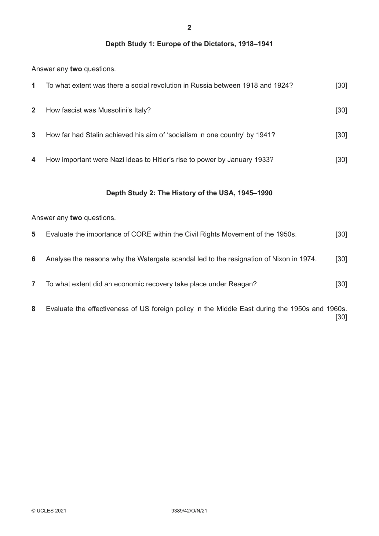 Cambridge A Level History 9389 2021 Oct/Nov Paper 4 · Variant 2 question paper, page 2 of 4
