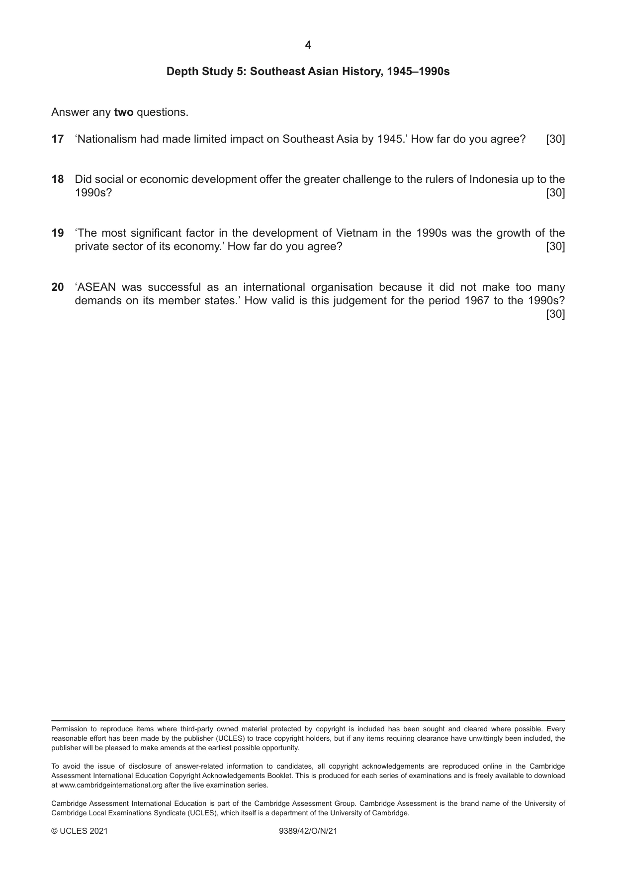 Cambridge A Level History 9389 2021 Oct/Nov Paper 4 · Variant 2 question paper, page 4 of 4